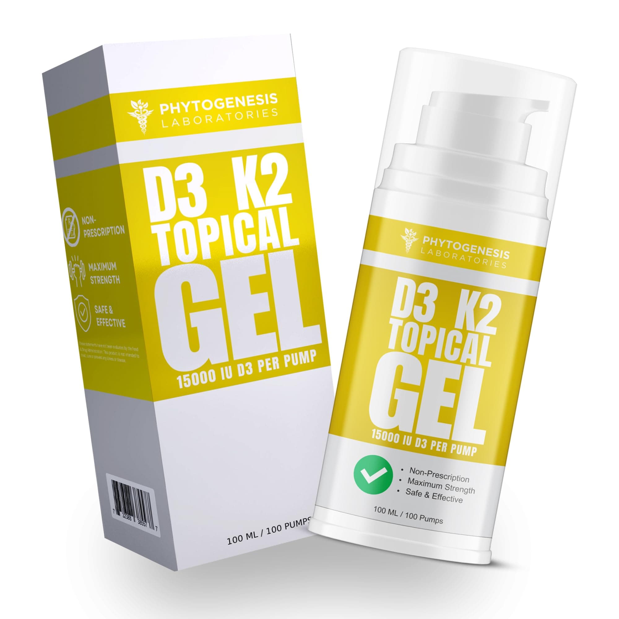 Vitamin D3 K2 Maximum Strength Topical Gel - 15000+ IU Per Pump - The Sunshine Vitamin - Supports Bone & Joint Health, Immune Support - One Month Supply