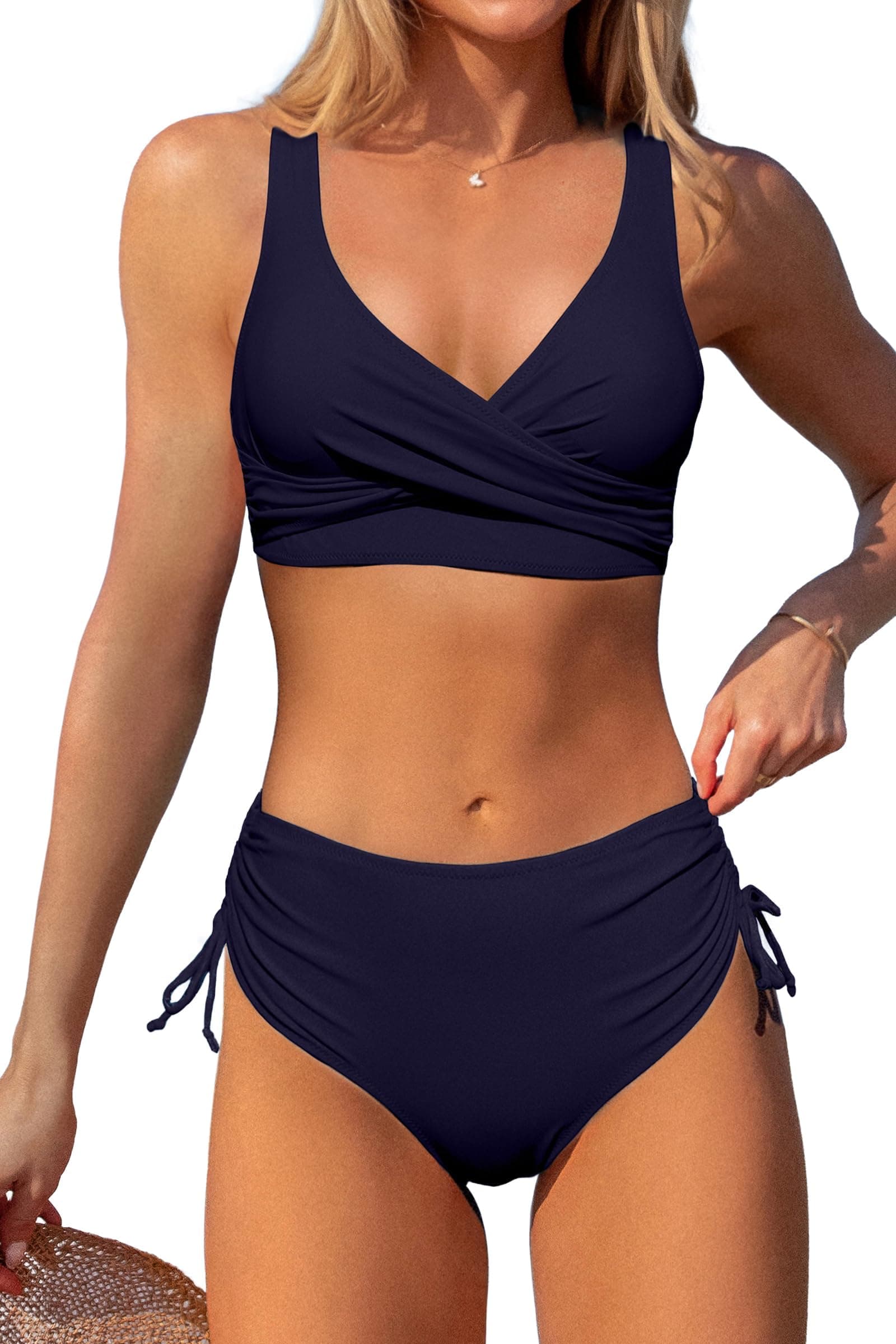 Women's High Waisted Bikini Twist Front Tie Back 2 Piece Swimsuit Solid Color Swimwear Plus Size