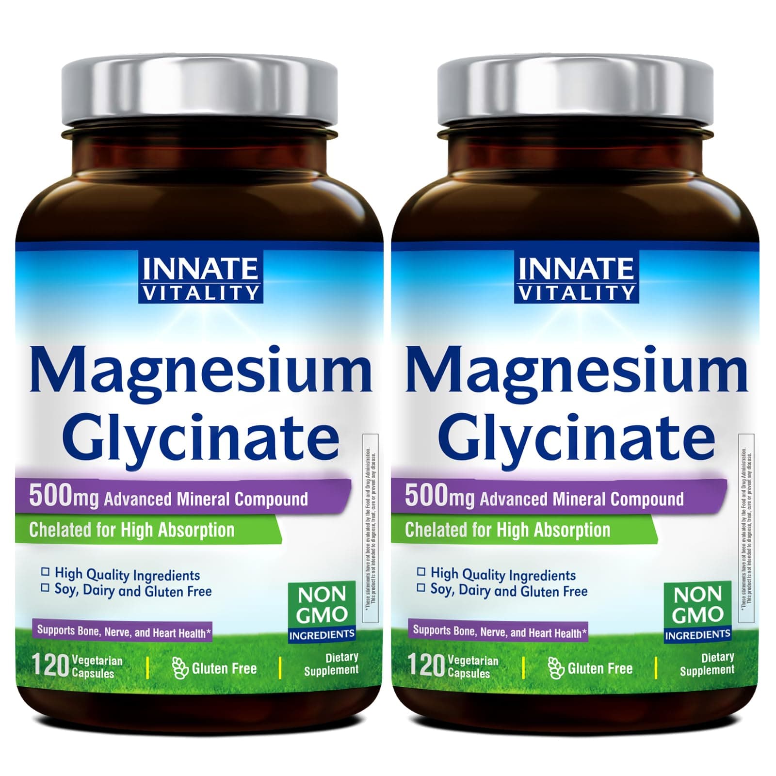 Innate Vitality Magnesium Glycinate 500mg | 70mg Elemental Magnesium Supplement - High Absorption, Non Buffered, Non-GMO & No Gluten - Vegan - Nerve Health - 120 Capsules (Pack of 2)