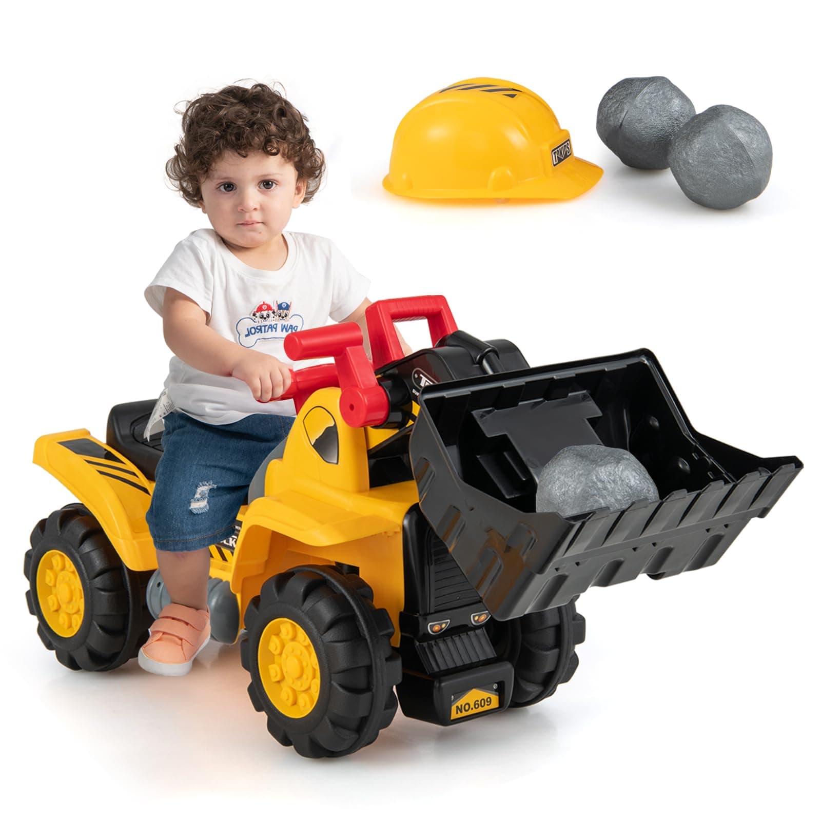 Ride on Excavator, Ride on Construction Vehicles w/Helmet, 3 Toy Stones, Realistic Sound, Adjustable Bucket & Under Seat Storage, Bulldozer Ride on Toy Gift for Kids Boys & Girls
