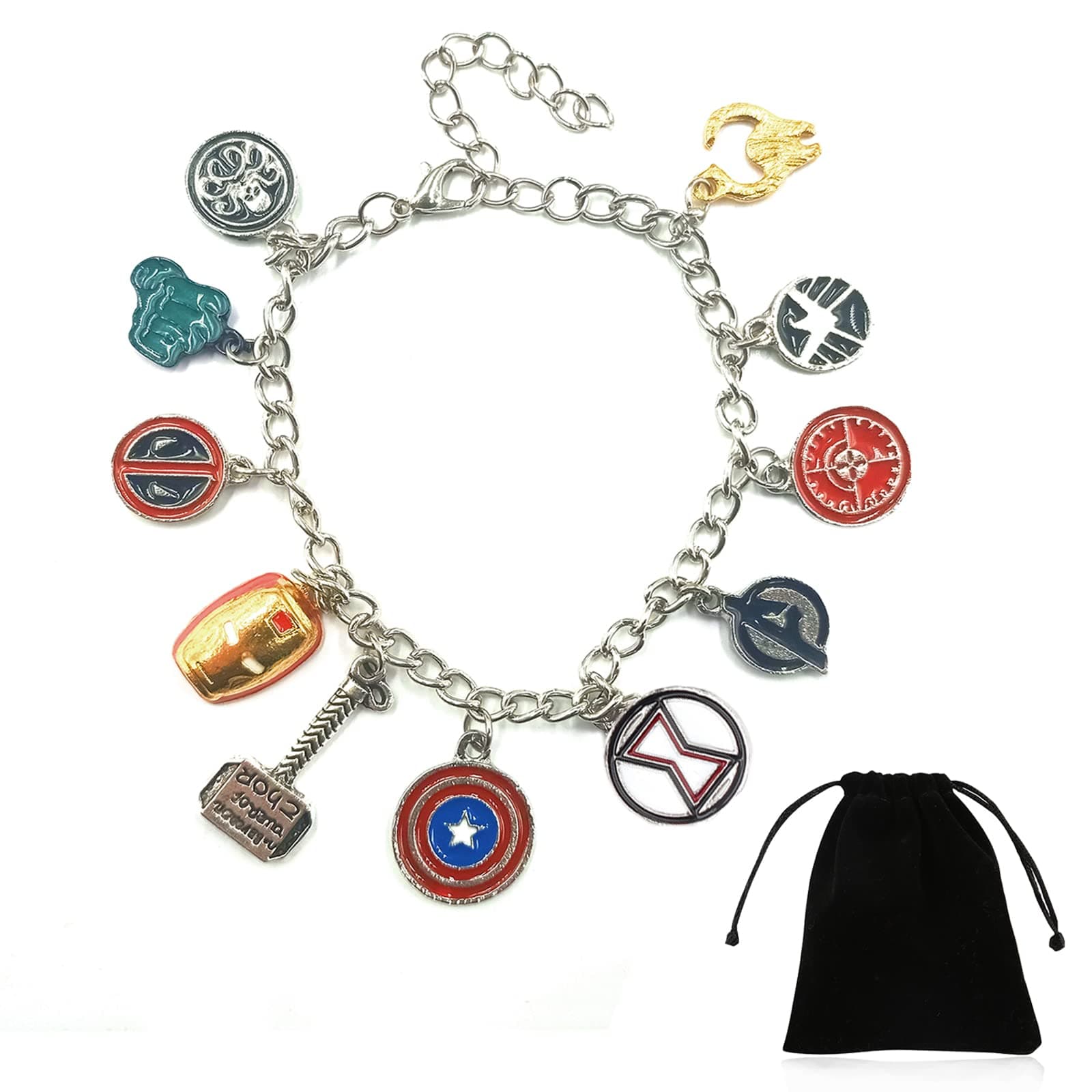 Super Hero Bracelet with Velvet Bag for Men Women, Marvel Theme Bracelet with Adjustable Chain Captain America Iron Man Spider Man Pendents for Avenger Comic Lovers Birthday Gift Christmas Present