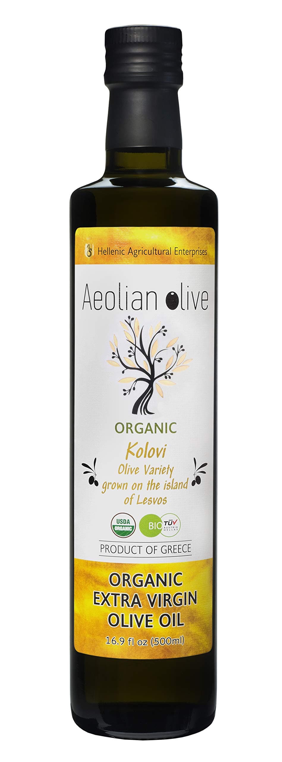 Premium Greek Extra Virgin Olive Oil, USDA Organic by AEOLIAN OLIVE 16.9oz - 500 ml, GOLD AWARD IOOC 2020, First Cold Pressed Single Variety, Pure & Natural, Handpicked From Lesvos Greece
