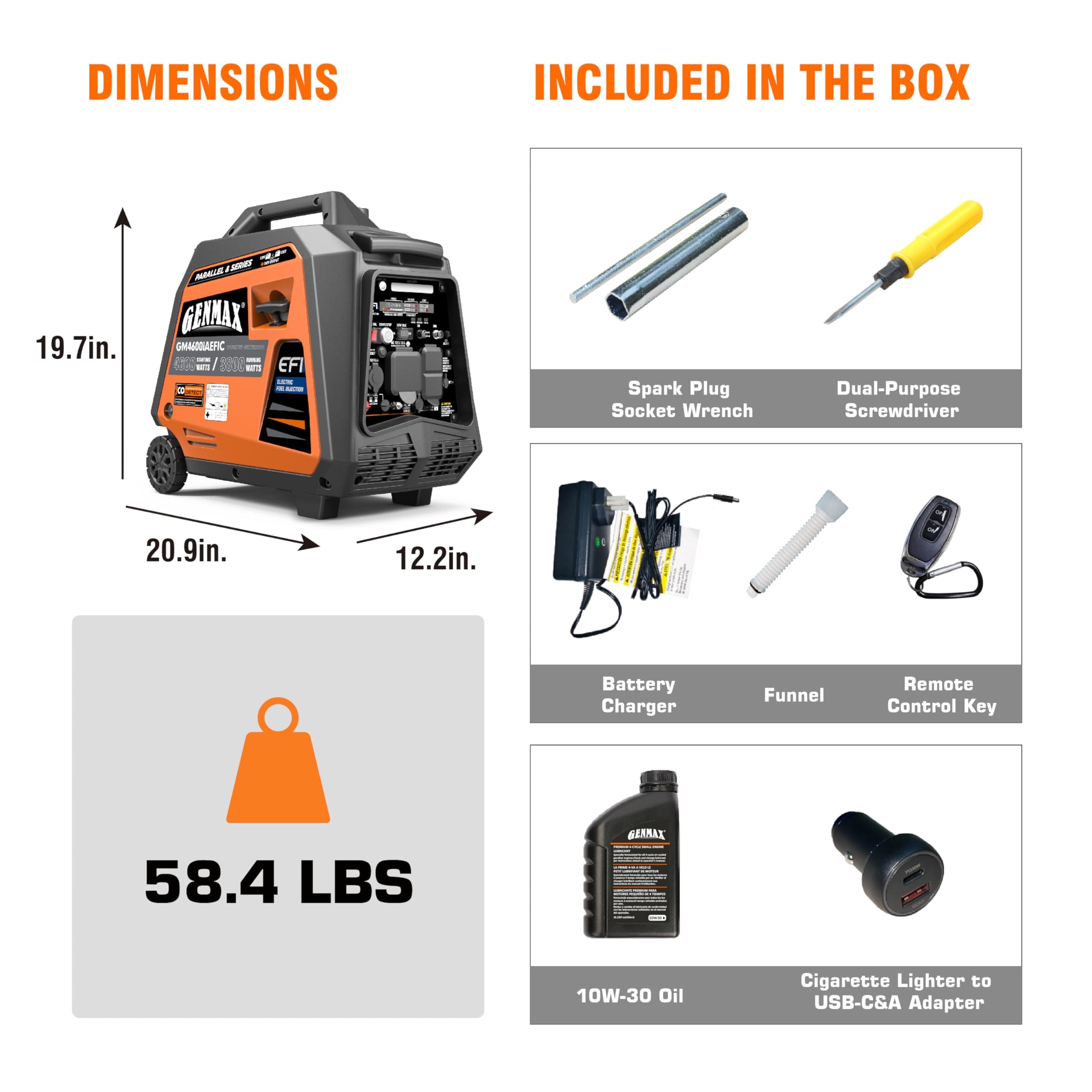 GENMAX Fuel Injection Generator, 4600W ultra-quiet 159cc engine with Parallel and Series Capability, Electric & Remote Start with CO Alert and LED light digital display,EPA Compliant（GM4600iAEFIC）