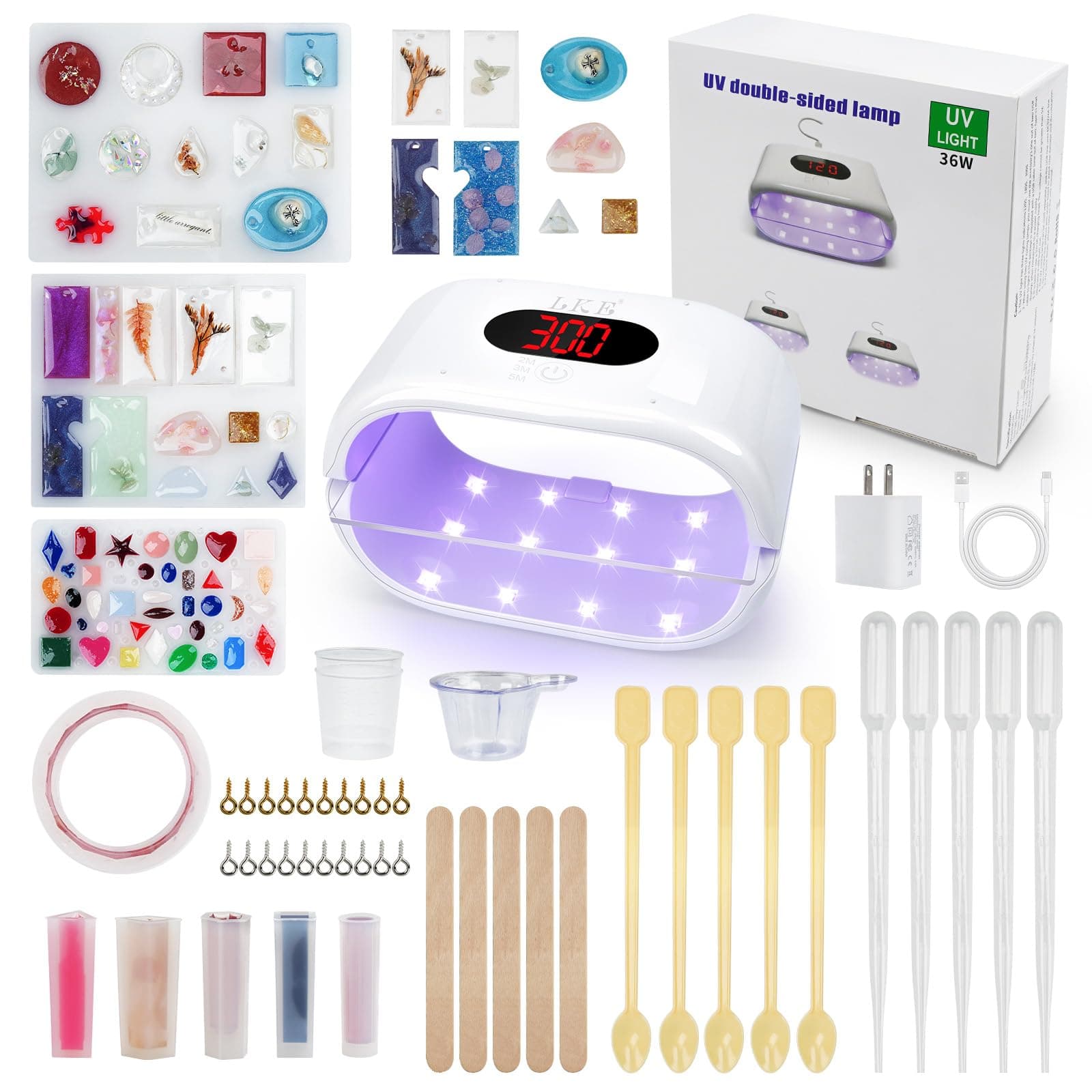 LKE UV Light for Resin Curing, Dual-Sided 36W High Power UV Lamp with 3-Speed Digital Display, 2-in-1 Detachable Design for Jewelry Making, Craft Enthusiasts, Clear Application Focus
