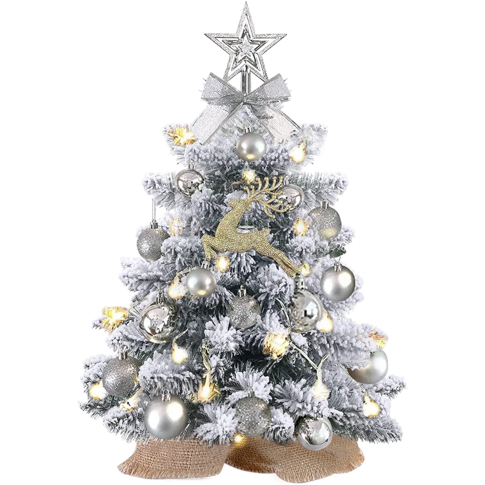 Mini Christmas Tree with Lights,24In/2ft Snow Flocked Pre-lit Tabletop Christmas Tree with 19 Decorations,Artificial Small Christmas Tree -for Table Desk Home Christmas DIY Decor