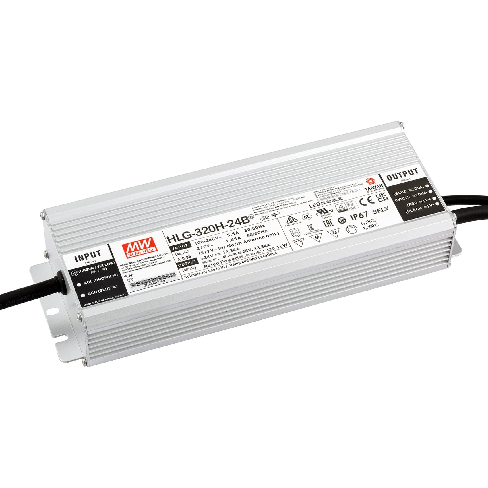 Mean Well HLG-320H-24B 320W 24V DC Switching Power Supply/LED Driver - Dual Mode CV + CC Output, 3 in 1 Dimming Function