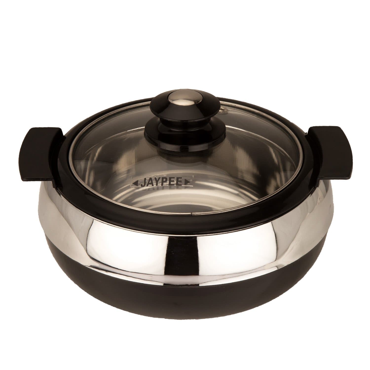 Jaypee Glasserol Serving Casserole Set Inner Stainless Steel Toughened Glass Lid PUF Insulated Hot Box |Roti Box| Easy to carry | Food Grade | Stackable, 800 ml, Black