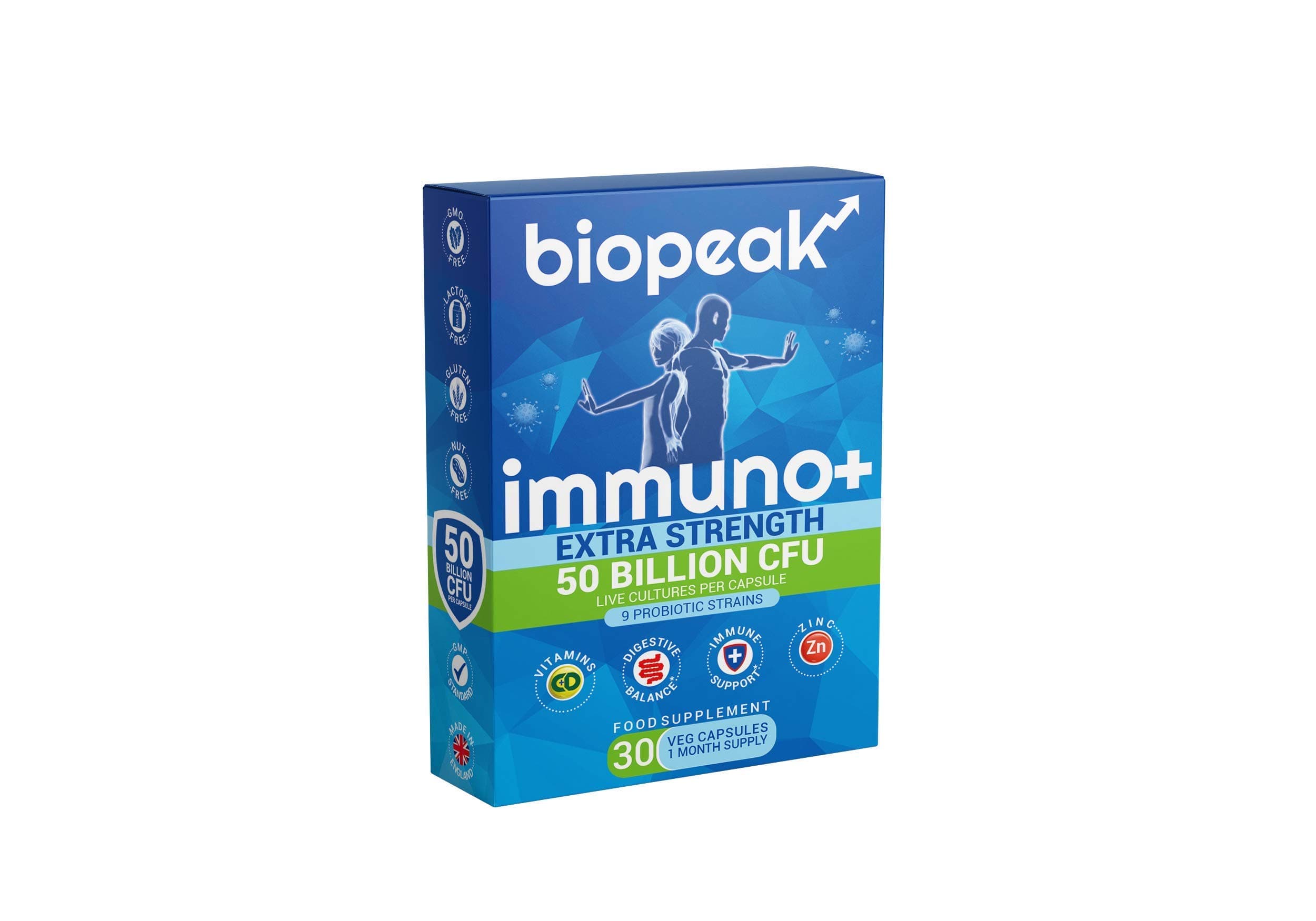 Immuno + 50 Billion CFU - probiotics for Men & Women - Boost Immunity & Gut Health - with Prebiotics Zinc, Vitamin C & D | 9 Probiotic Strains - 30 caps