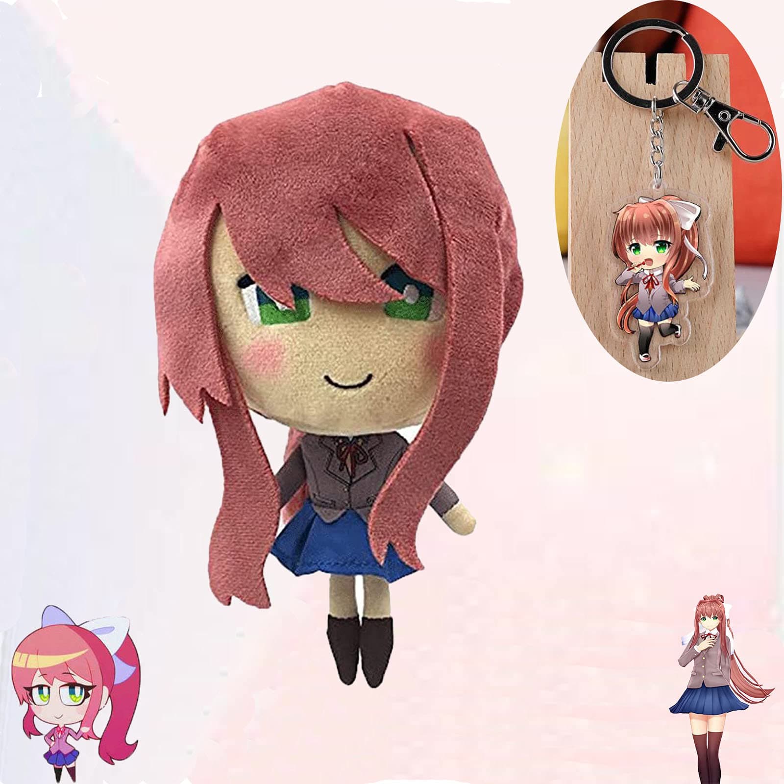 HKuoFGV Doki Doki Literature Club Plush Doll with Keychain Pendant, Monika Plush Figure, Natsuki Plush and Sayori Plush, DDLC Soft Cute Stuffed Toy for Anime Fans C