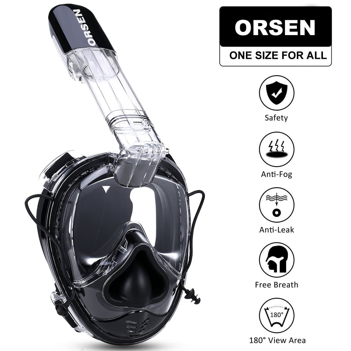 ORSEN Snorkel Mask Full Face 180°View Diving Mask with Action Camera Mount, Anti-Fog Anti-Leak Technology, Ear Pressure Equalization and ONE Size for All Adults and Kids (All Balck)