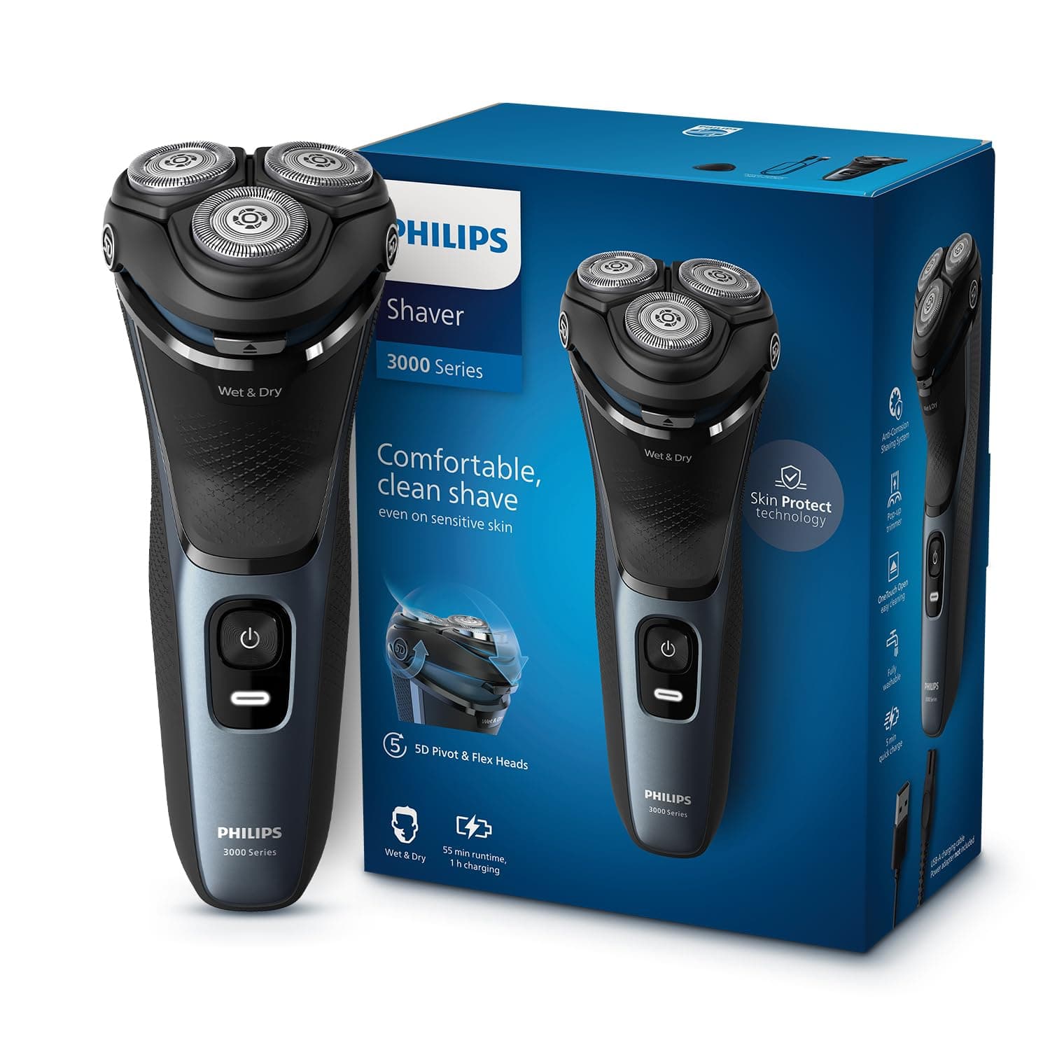 Electric Shaver For Men | Comfortable Clean Shave on Sensitive Skin | Skinprotect Technology | Wet And Dry | 5D Pivot & Flex Heads | Anti-Corrosion System | 5 Min Quick Charge | Pop-Up Trimmer | Waterproof | 2 Year Warranty | S3144/03 , Black