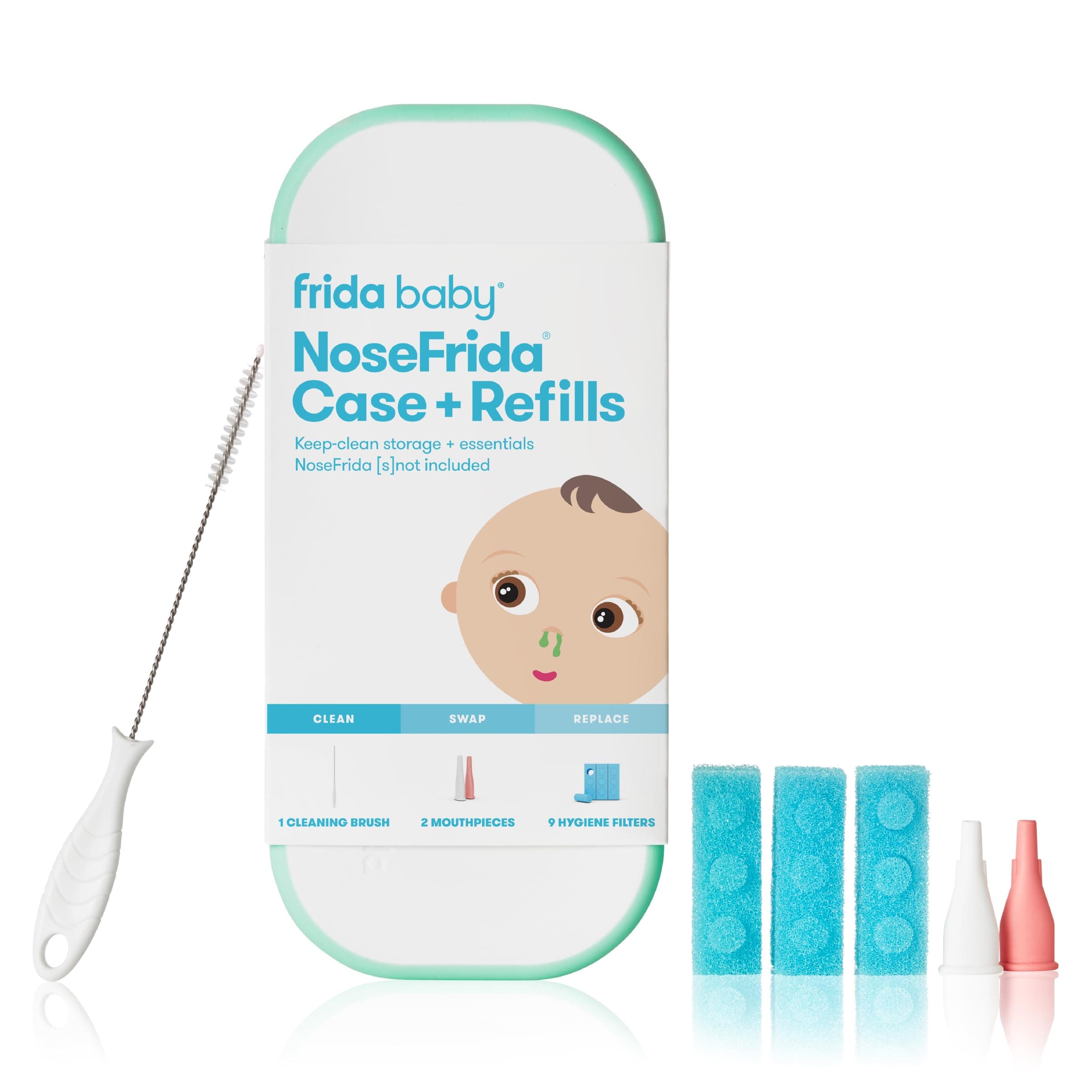 Frida Baby NoseFrida Case + Refills Accessories Kit, Includes Storage Travel Case, Bristle Cleaning Brush, 9 Hygiene Filters & 2 Tips for Cleaning and Storage of the NoseFrida Nasal Aspirator for Baby