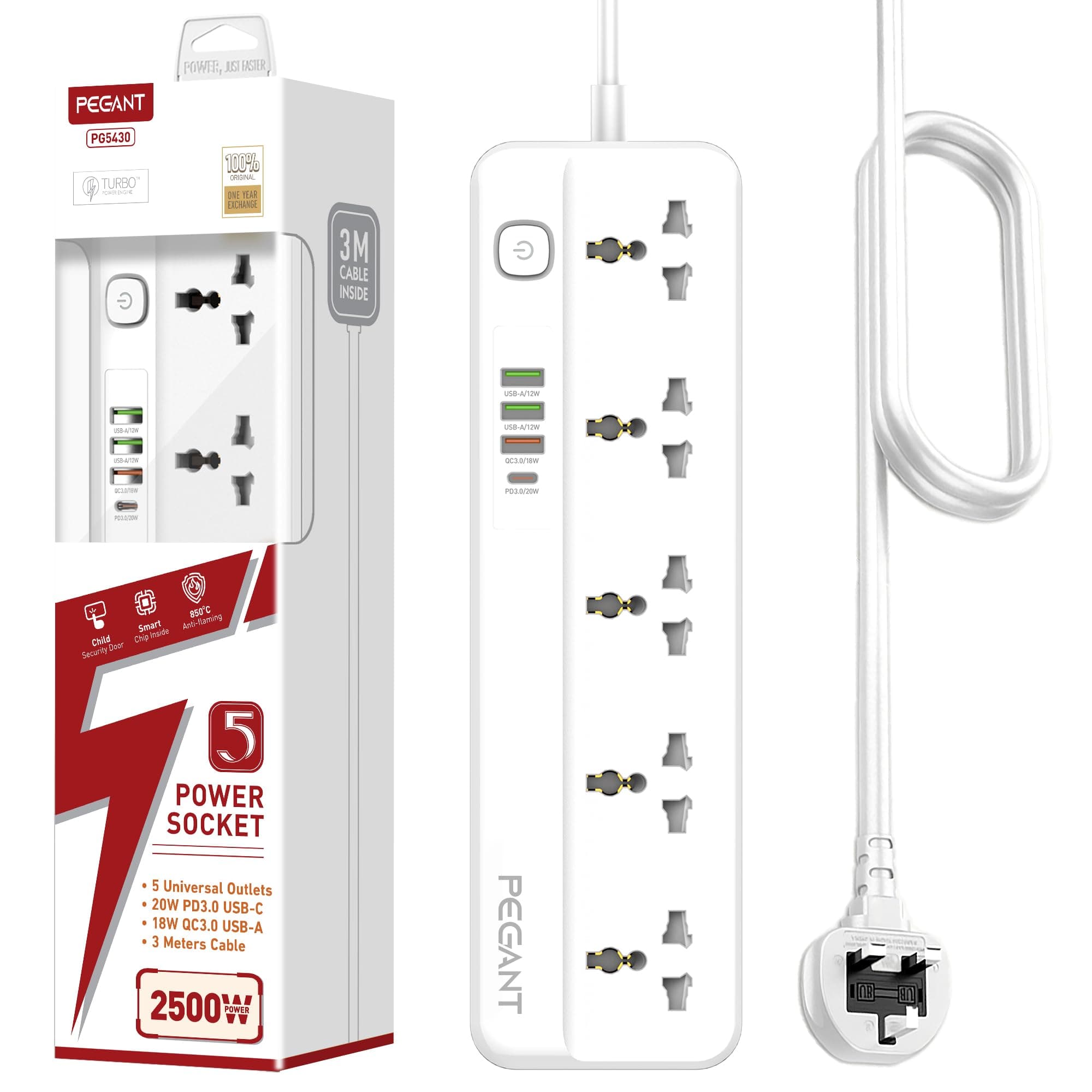 PEGANT 5 Way Power Extension Cord with USB, 1x 20W USB-C PD, 3x USB-A QC Fast Charging Ports, 5x Universal Electrical Outlet Lead Sockets, Multi Plug Charging Surge Protector Strip, 3M Cable