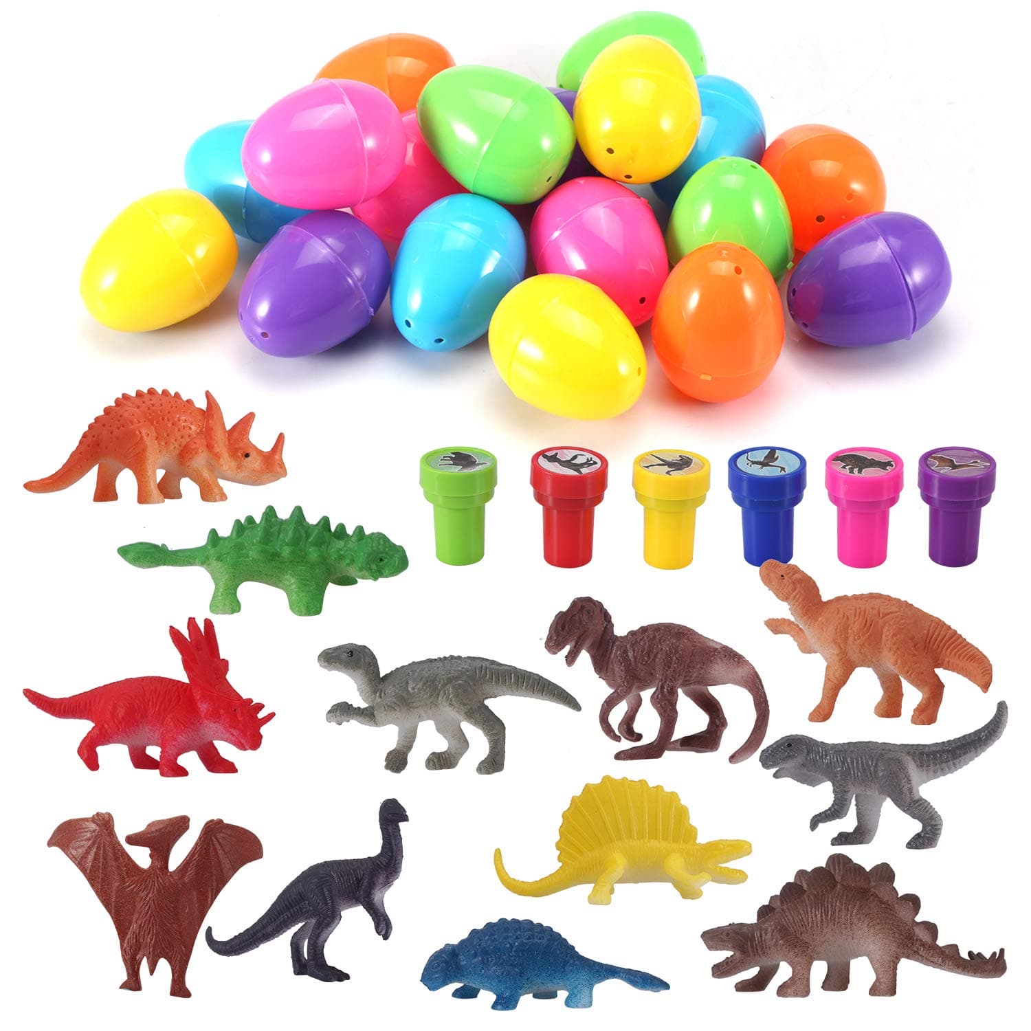 Easter Eggs with Prefilled Dinosaur Toys & Dinosaur Stampers (18 Pieces), Perfect for Easter Eggs Hunt, Easter Basket Stuffers, Easter Party Favors