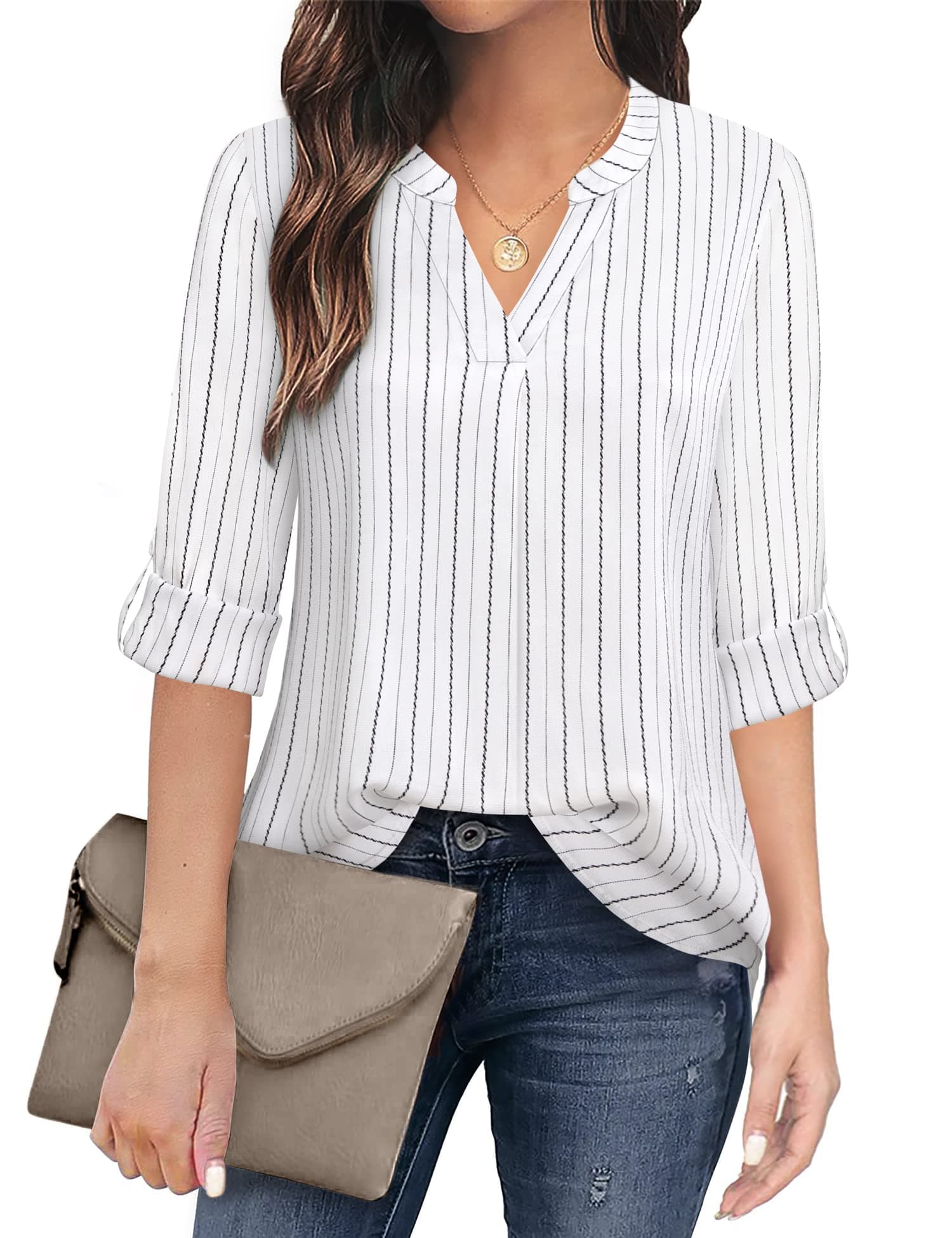 Timeson Women's Casual Chiffon V Neck 3/4 Sleeve Blouse Tops