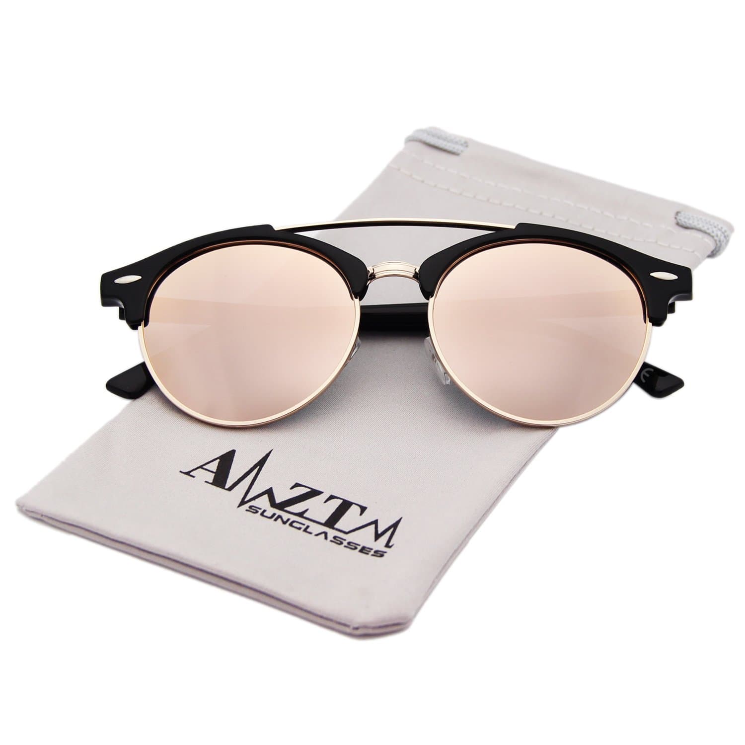 AMZTM Double Bridge Semi-Rimless Retro Polarized Reflective Round Sunglasses (Pink, 51)