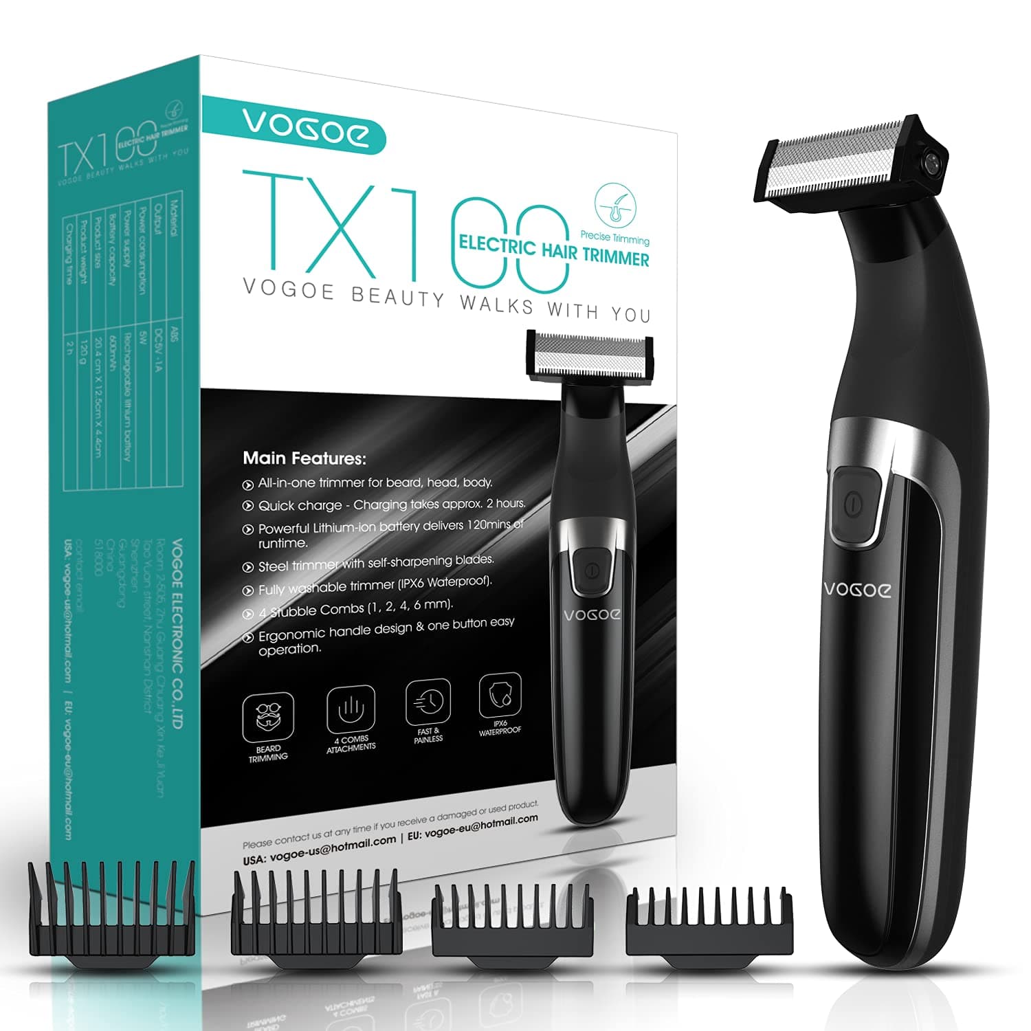 VOGOE Beard Trimmer for Men Electric Shaver for Mustache Body Head All-in-One Men's Cordless Groomer Hair Clippers and Adjustable Facial Grooming kit Rechargeable Waterproof TX100