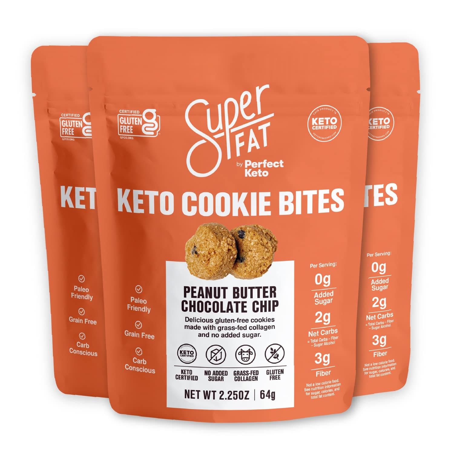 SuperFat Cookies Keto Snack Low Carb Food Cookies - Peanut Butter Chocolate Chip 3 Pack - Gluten Free Dessert Sweets with No Sugar Added for Paleo Healthy Diabetic Diets