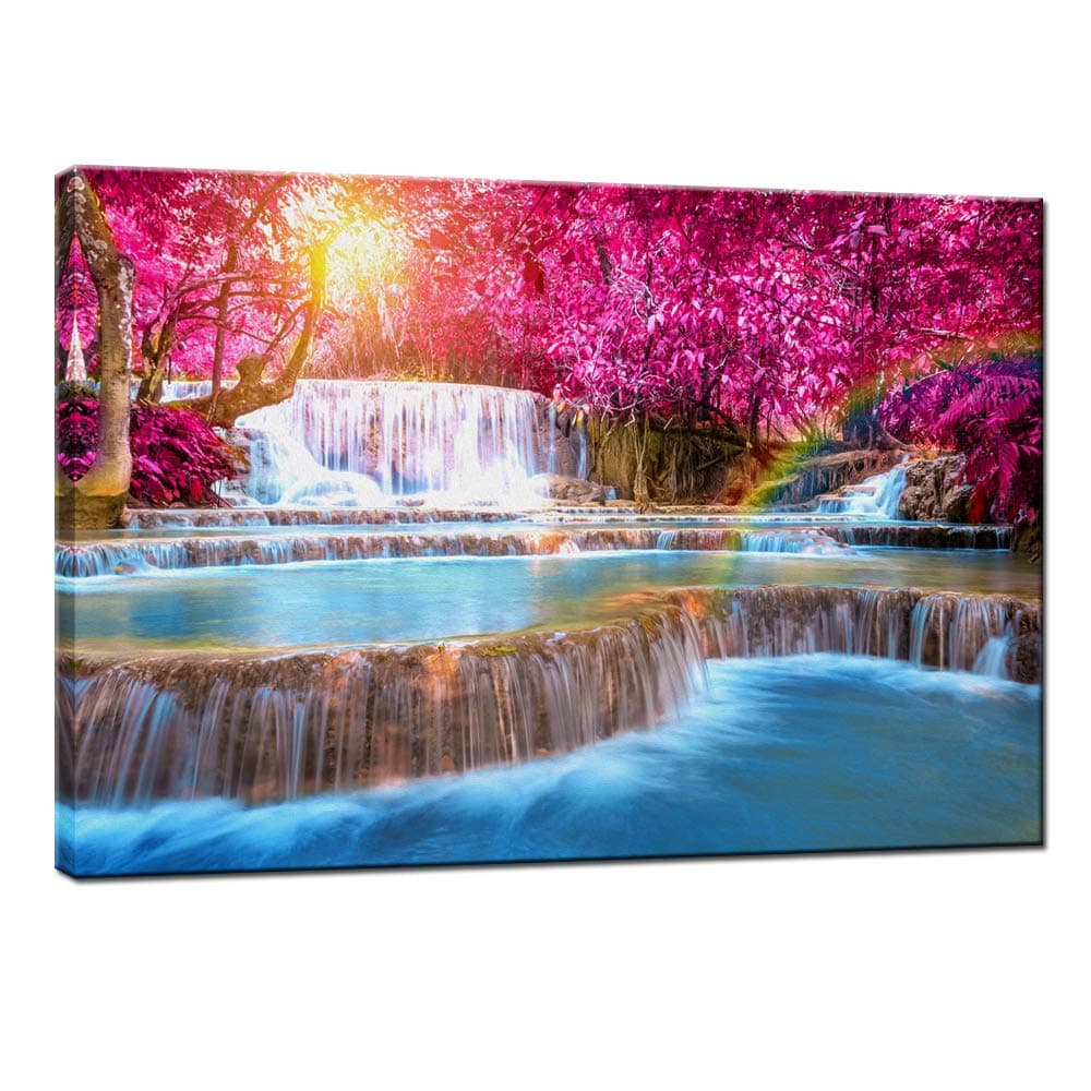 Nachic Wall - Forest Sunset Canvas Wall Art Dreamlike Waterfall Landscape Pictures Paintings on Canvas Artwork Modern Living Room Office Decoration Framed Ready to Hang