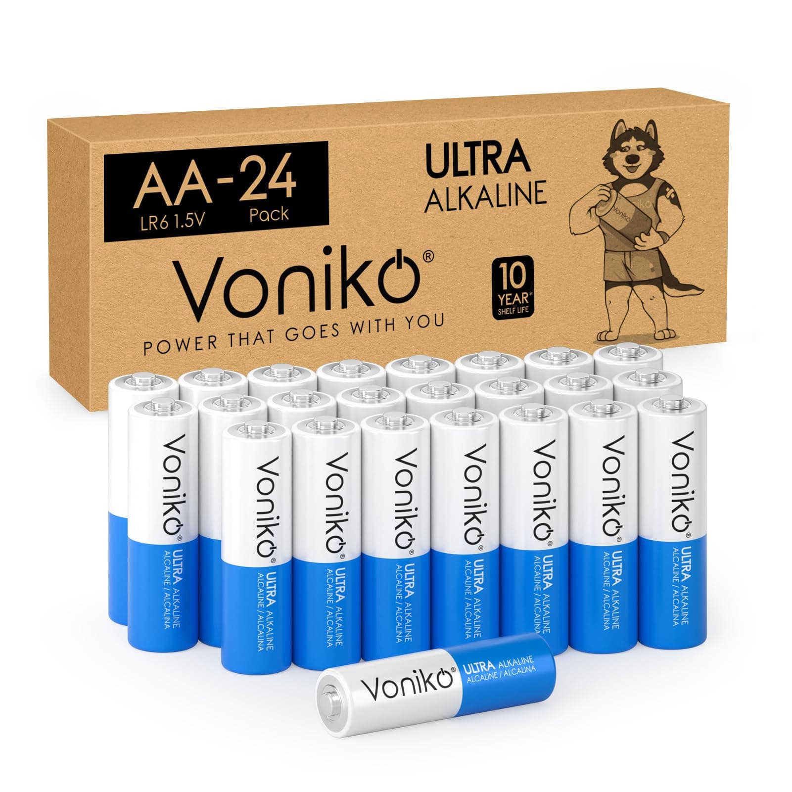 - Voniko - Premium Grade AA Batteries - (24 Pack) - Alkaline Double A Battery - Ultra Long-Lasting, Leakproof 1.5v Batteries - 10-Year Shelf Life