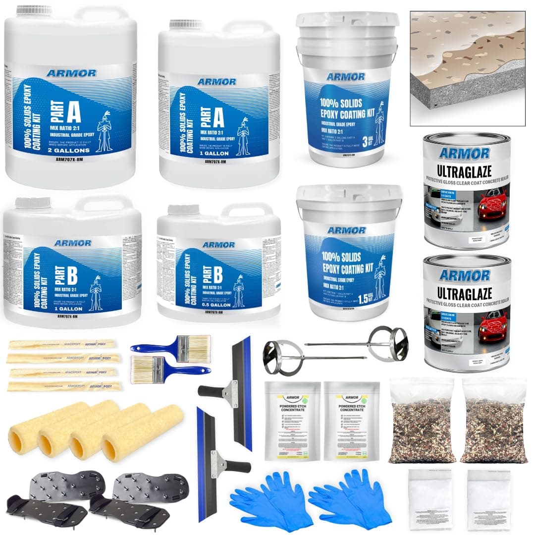 ArmorPoxy Garage Epoxy Floor Kit – 100% Solids - 2 Part Industrial-Grade Coating w/UltraGlaze Topcoat | DIY Slip & Hot Tire Resistant | 900 Sq Ft - Khaki Tan - 32 pc kit