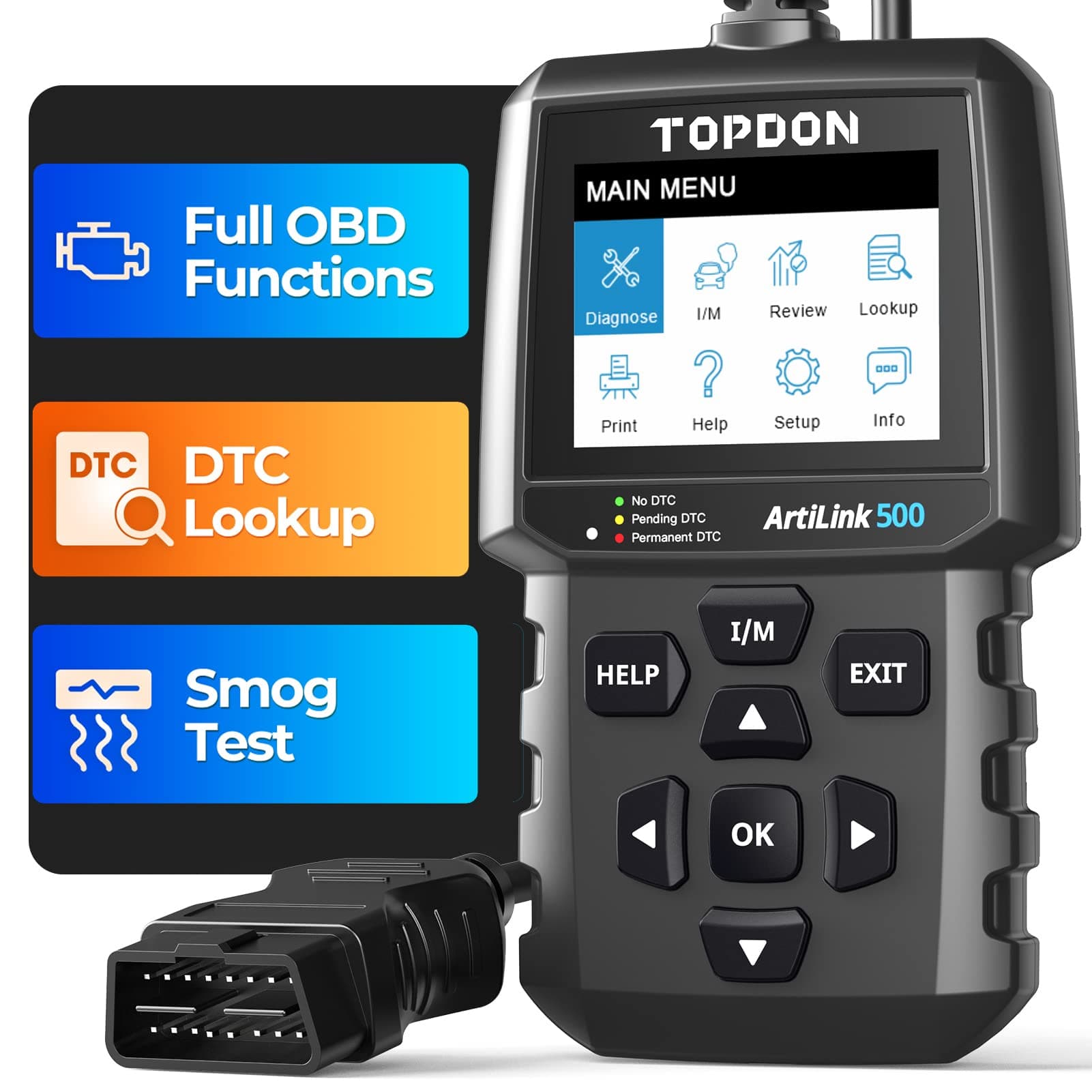 OBD2 Scanner TOPDON AL500 Code Reader, Car Check Engine Light CAN Diagnostic Tool with 10 OBD2 Functions, Turn Off MIL, O2 Sensor Test, Mode 6, EVAP Test, Updateable, DTC Lookup