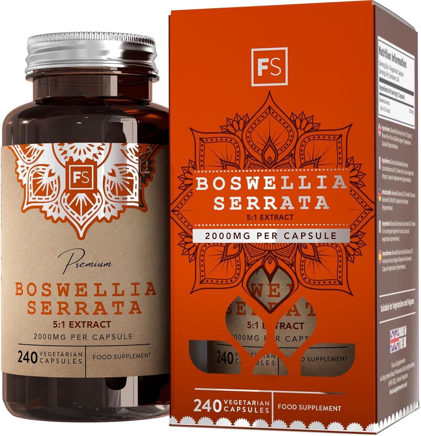 FS Boswellia Serrata Capsules | 240 Boswellia Serrata Extract High Strength Capsules - 2000mg per Serving | Frankincense Resin Supplement | Non-GMO, Gluten & Allergen Free | Made in The UK