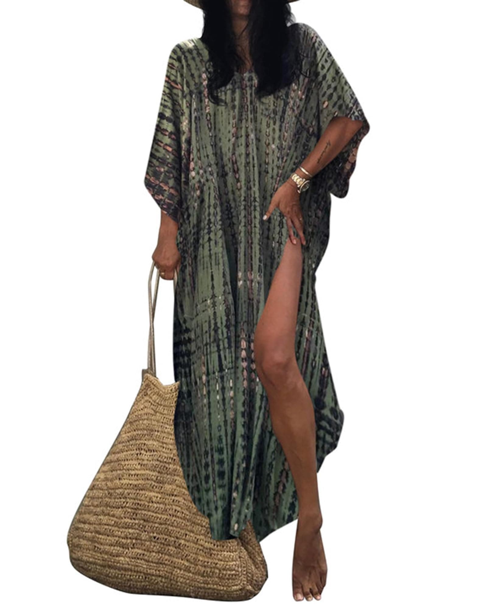 Women Print Beach Kaftan Dress Short Sleeve Plus Size Bathing Suit Cover Ups