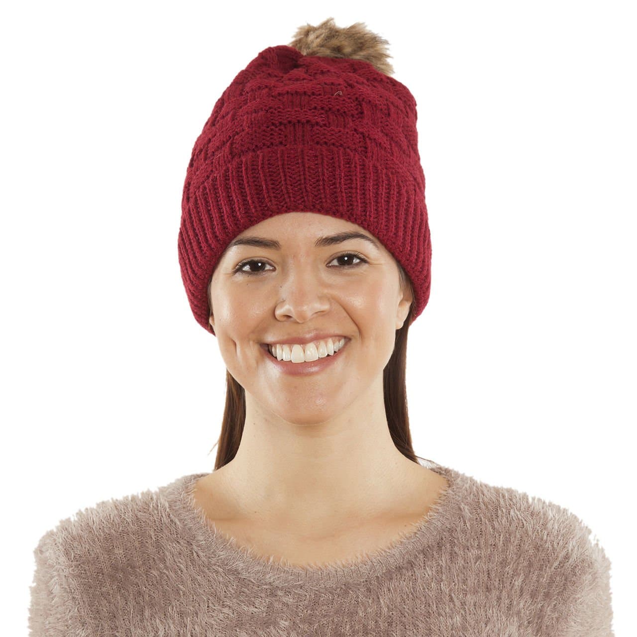 Samshine Winter Winding Wave Cable Knit Beanie Hat with Fur Lining and Pom Pom (Red)