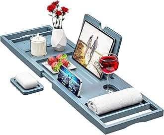 Bamboo Bathtub Caddy Tray - Bath Tray - Bath Tub Tray Table for Bathtub - Expandable Size (Gray)