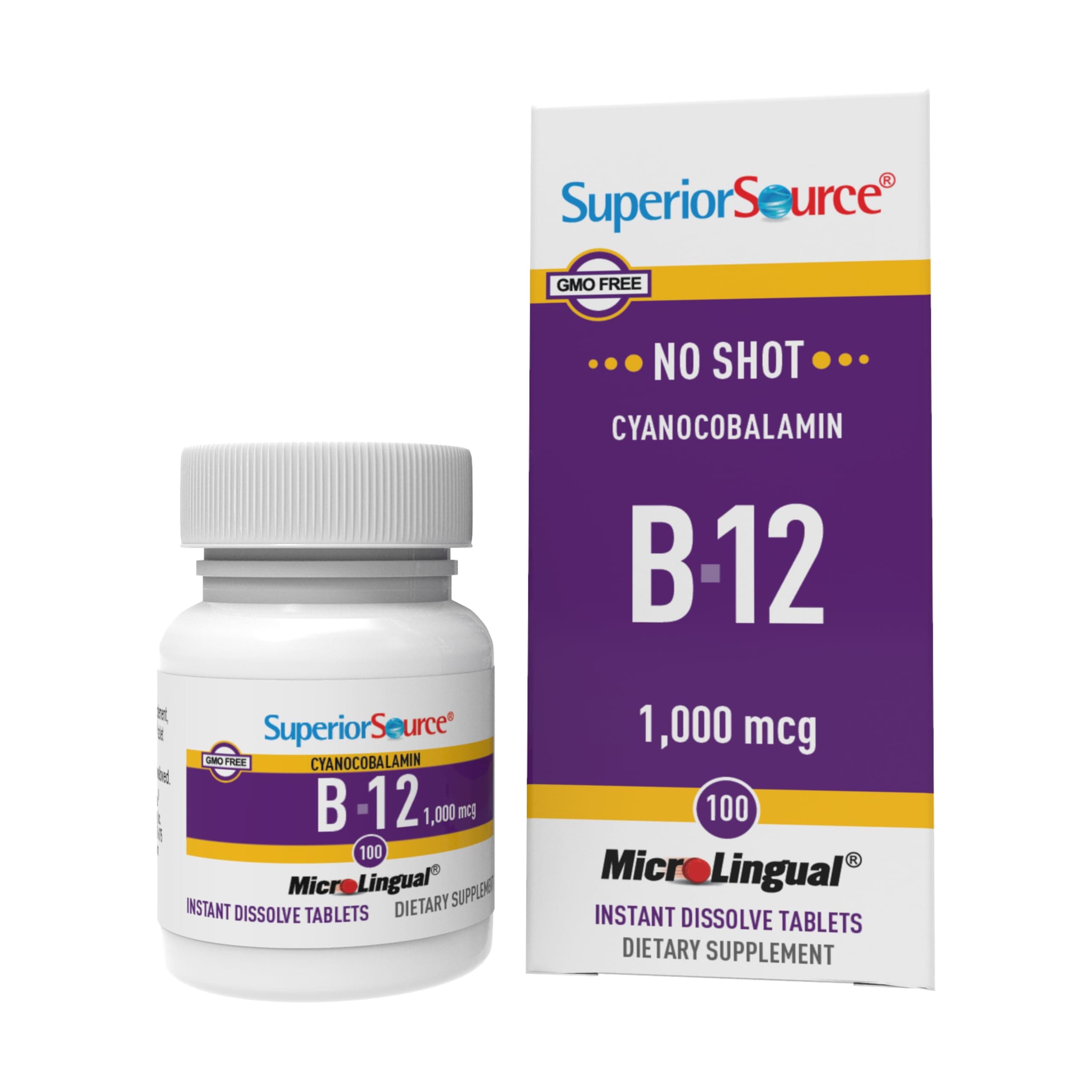 No Shot Vitamin B-12 Cyanocobalamin 1000 mcg - Vitamin B-12 to Support Energy Production, Brain Health & Overall Wellness - Sublingual Tablets - 100 Dissolvable Tablets