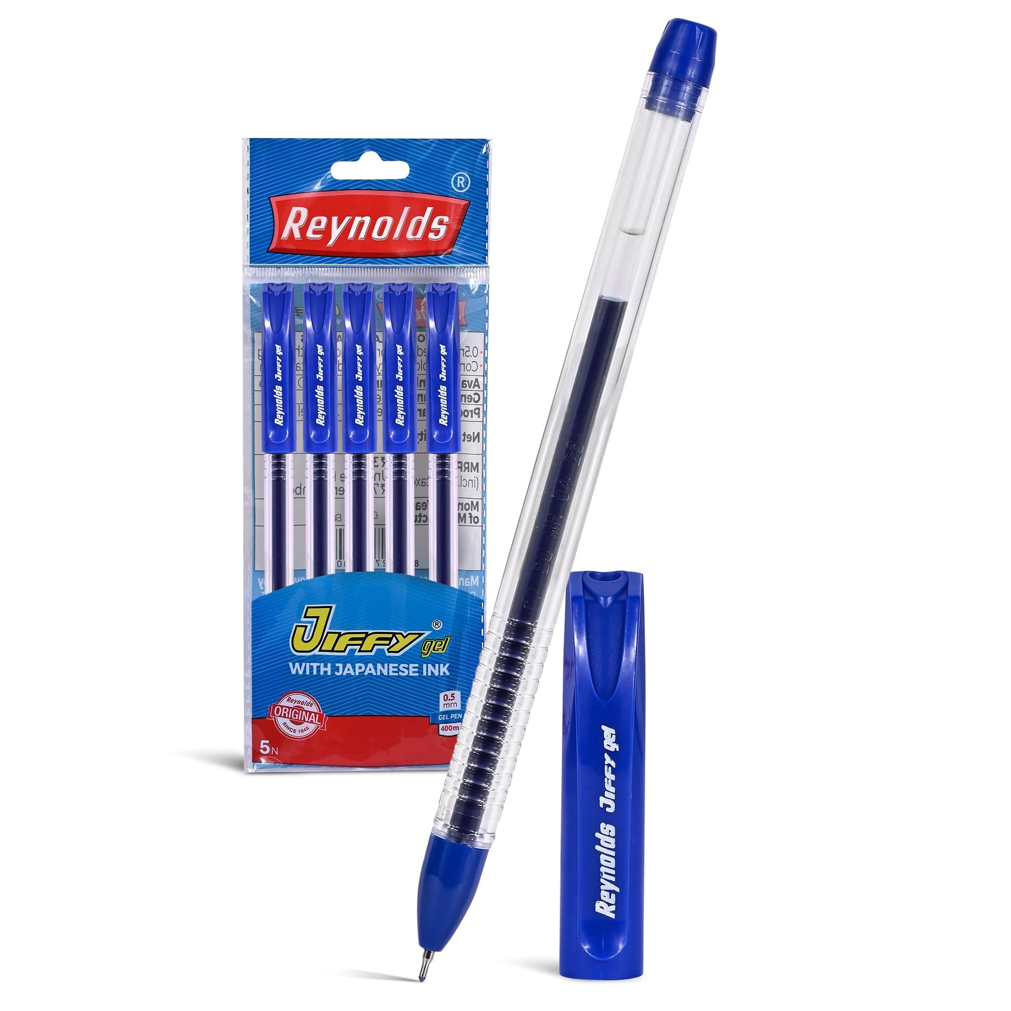 Reynolds JIFFY 5 CT BLUE I 軽量ゲルペン 快適なグリップ付き 非常にスムーズに書ける 学校やオフィスの文房具 | 0.5mm チップサイズ