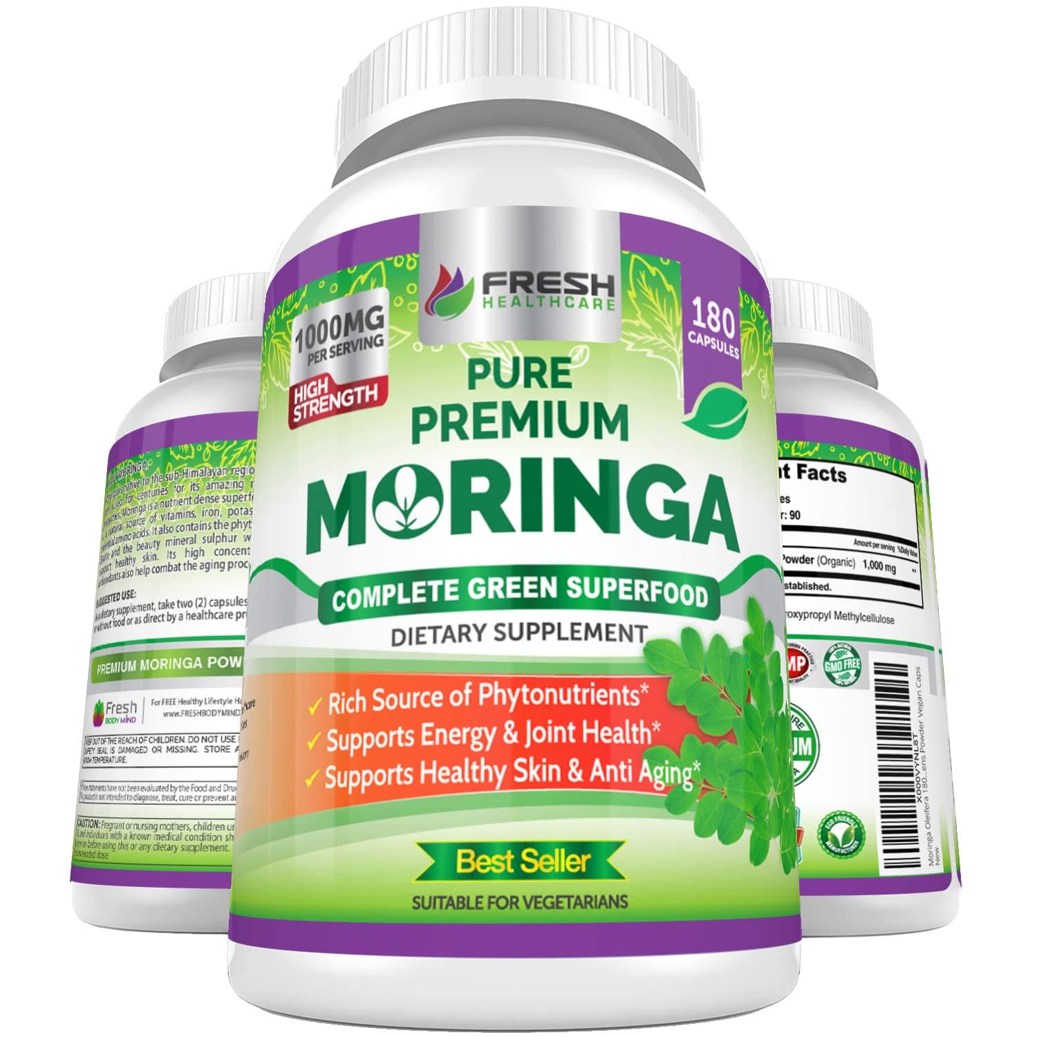 Fresh Healthcare Organic Moringa Oleifera Complete Green Superfood Supplement - Full 3 Month Supply - Max Pure 1000mg Per Servin