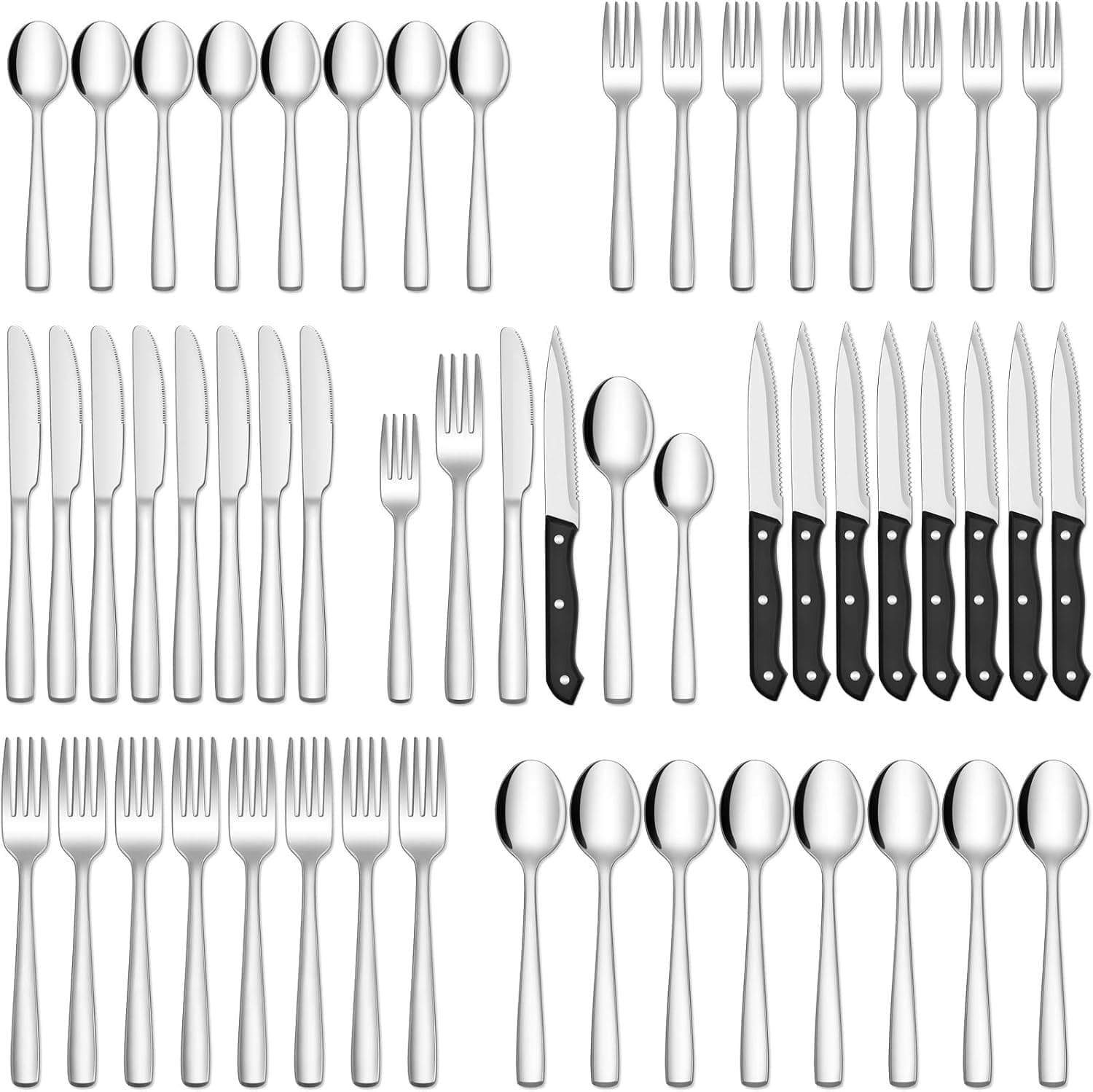 HIWARE 48-Piece Silverware Set with Steak Knives for 8, Stainless Steel Flatware Cutlery Set for Home Kitchen Restaurant Hotel, Kitchen Utensils Set, Mirror Polished, Dishwasher Safe