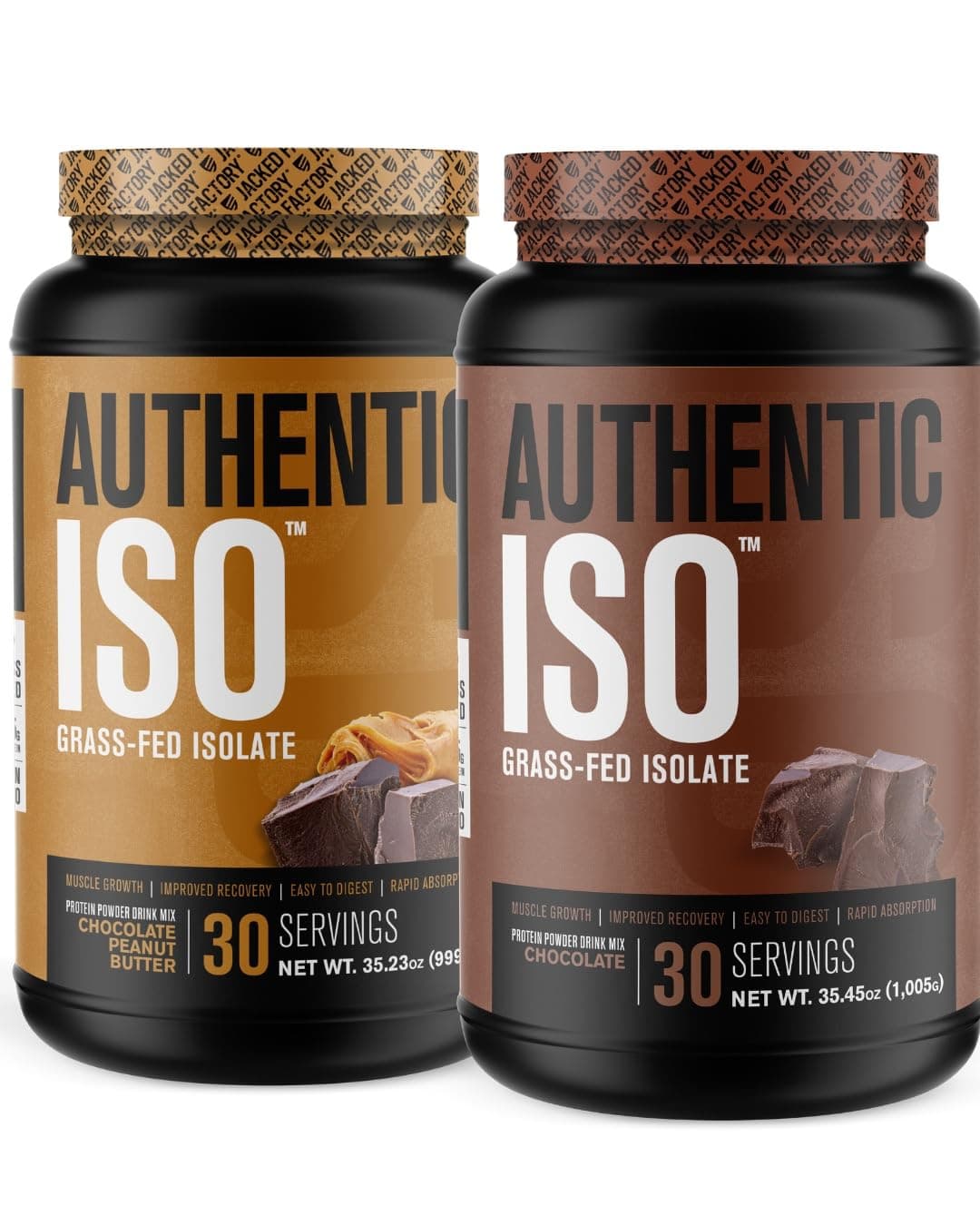 Jacked Factory Authentic ISO Grass Fed Whey Protein Isolate Powder - Low Carb, Non-GMO Muscle Building Protein w/No Fillers (Chocolate Peanut Butter, 30sv) & (Chocolate, 30sv)