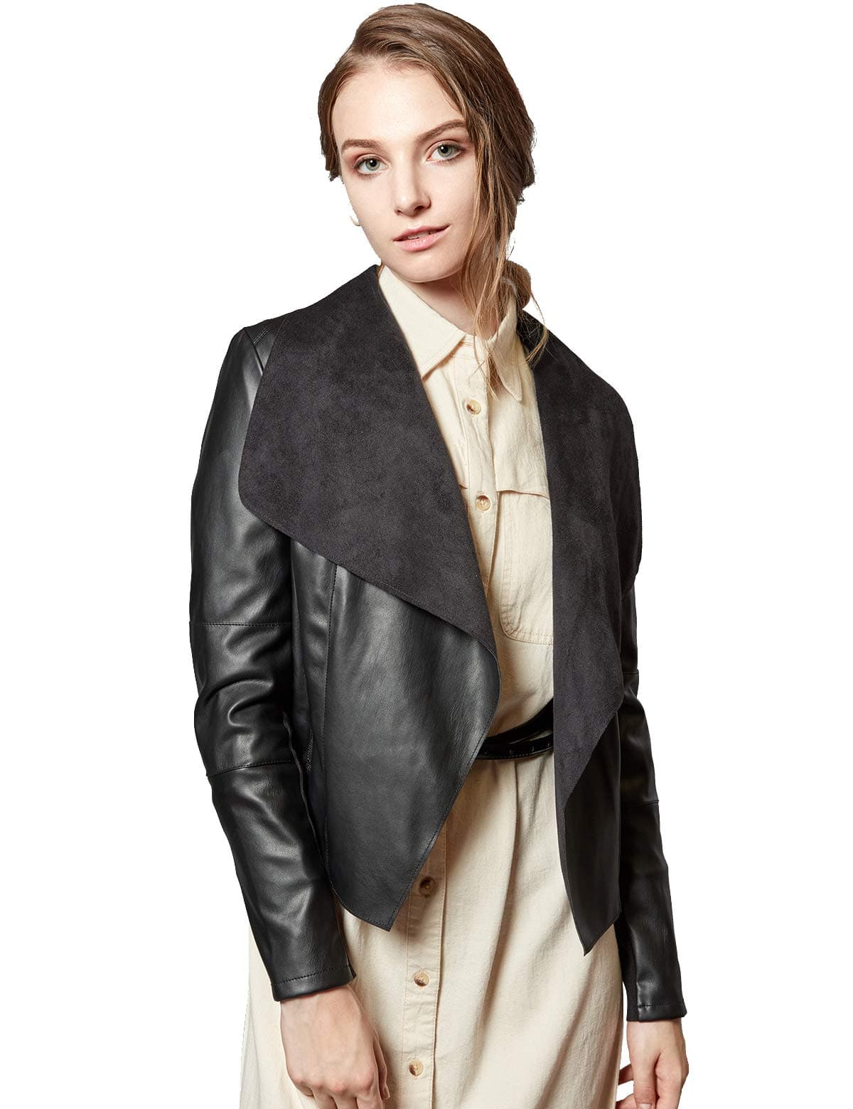 Women's Faux Leather Jackets Slim Open Front Lapel Blazer Jackets