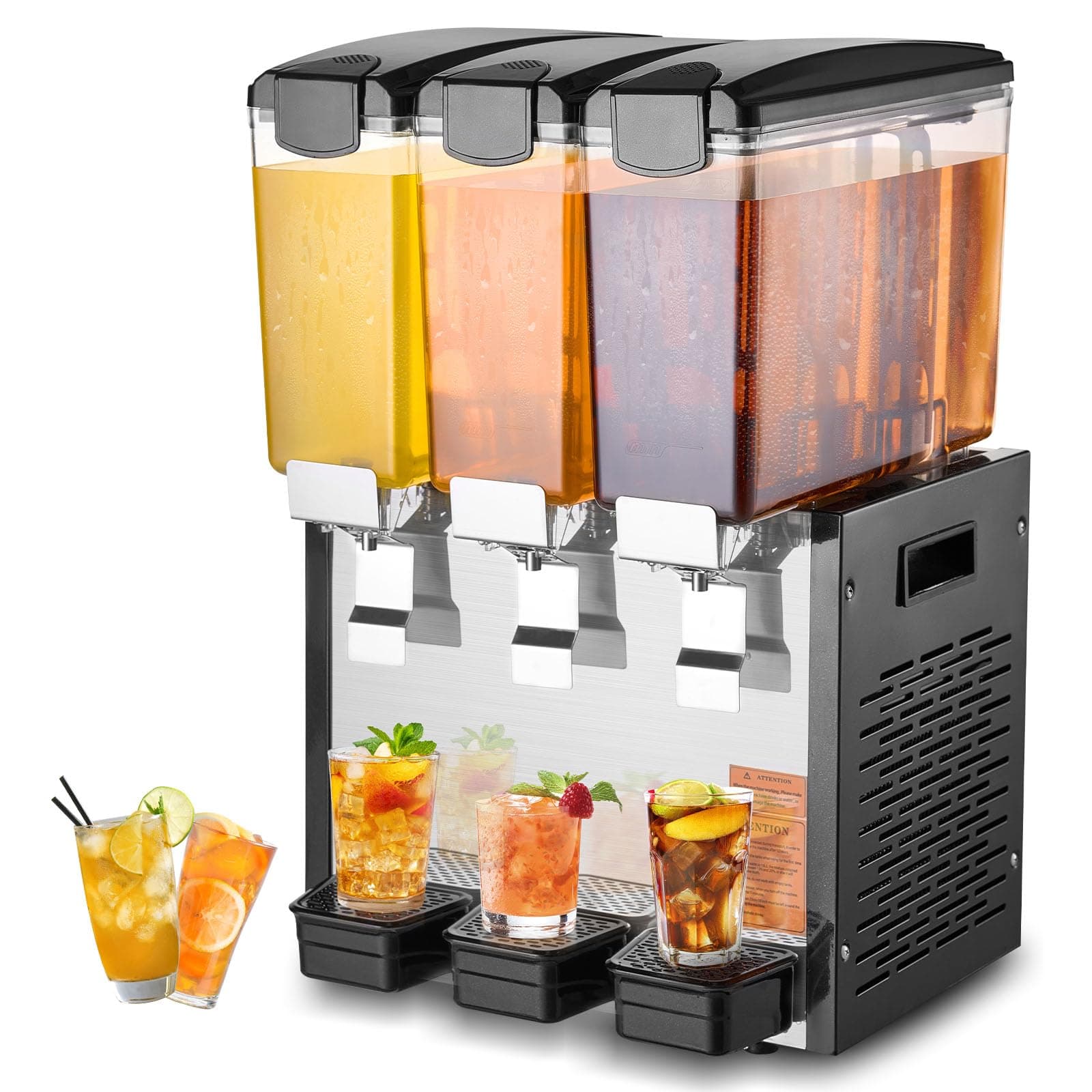 Commercial Beverage Dispenser, 3 Tanks 10 L / 10.6 QT Per Tank Juice Dispenser, 440W Stainless Steel Ice Tea Drink Machine with 45°F-54°F Cooling Temperature, for Cold Drink Restaurant Bar Party