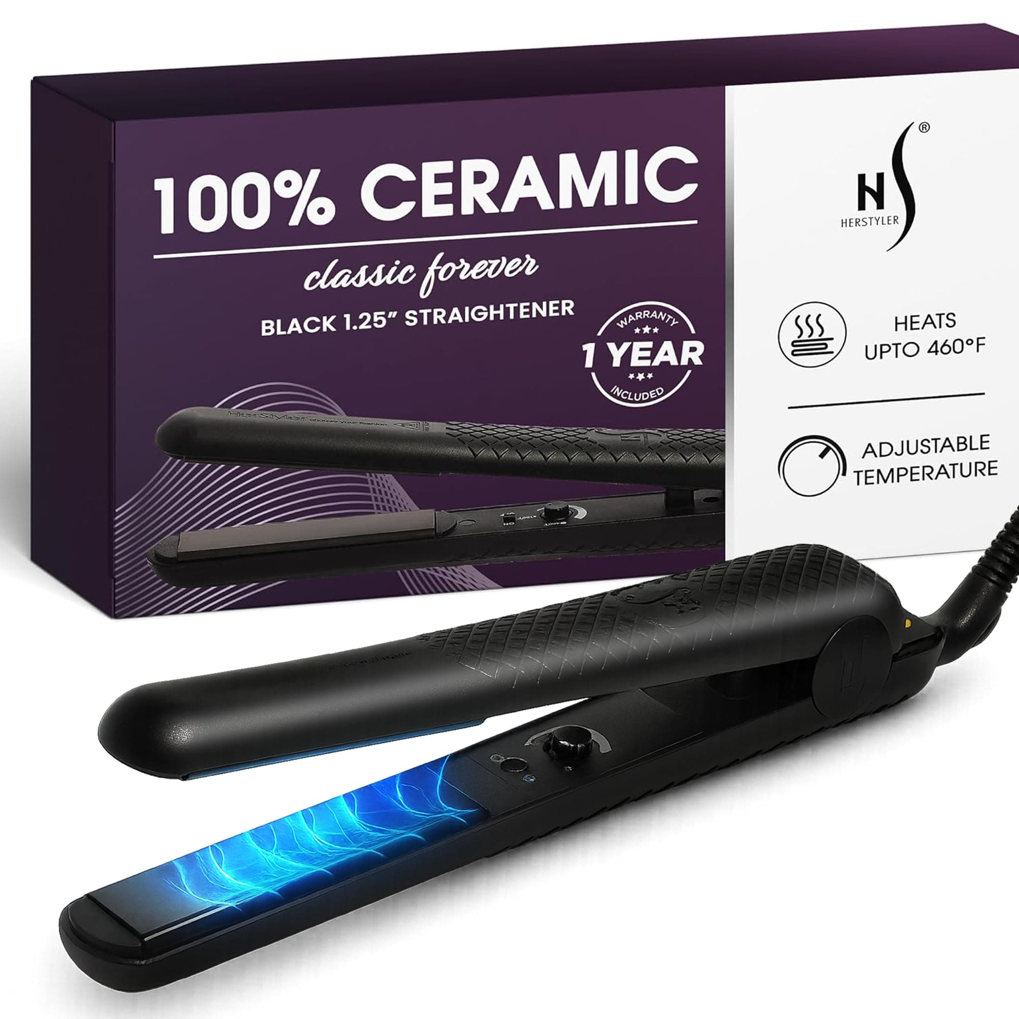 HerStyler Forever Straightening Flat Iron - Travel Friendly Dual Voltage Flat Iron 1.25 inch - Ceramic Hair Straightener for Silken Hair - Negative Ion Technology to Fight Frizz