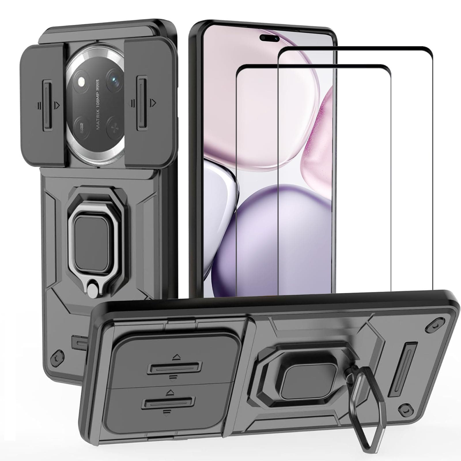 Lukione [1+2pcs] Compatible with Honor X9c 5G Case & Tempered Glass Screen Protector, Ring Kickstand and Sliding Camera Cover with Kickstand,Drop Proof,Heavy Duty Protective (Black)