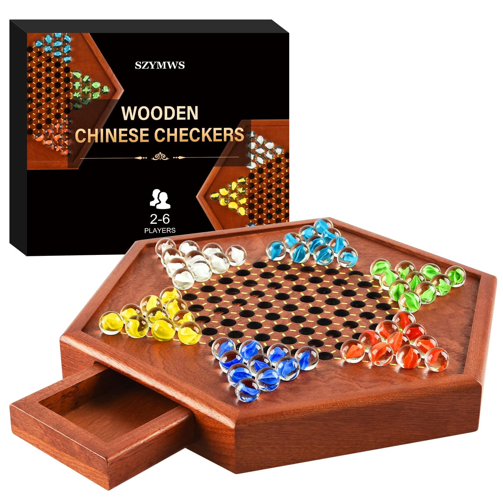 12.7 Inches Wooden Chinese Checkers Set with Storage Drawer -60 Glass Marbles in 6 Colors -12 Bonus Spare Marbles| Chinese Checkers Board Game for Kids and Adult