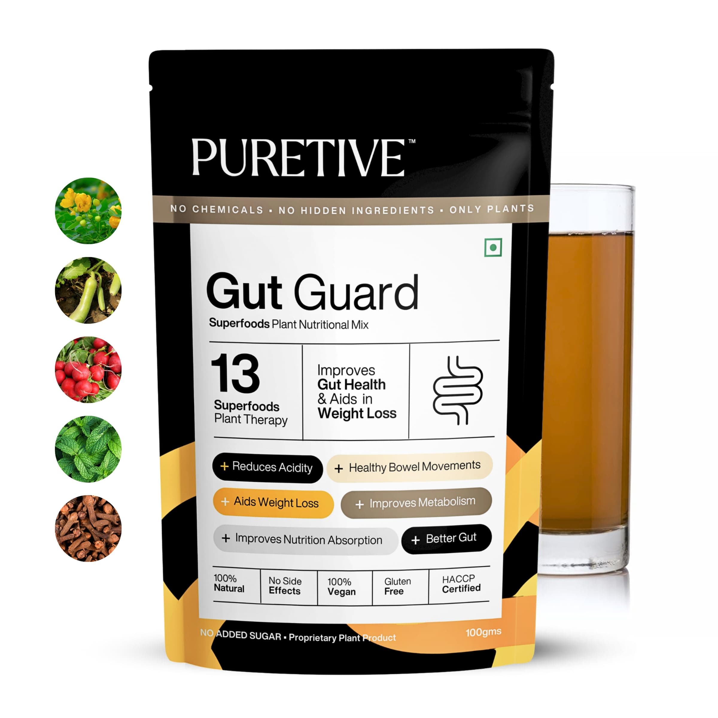 PURETIVE GUT GUARD | Superfoods Nutritional Mix | Gut Supplement for Strong Digestion, Acidity Relief, Immunity, Improves Metabolism | GUT Detox For Men & Women | 100% Pure Vegan | 100gms