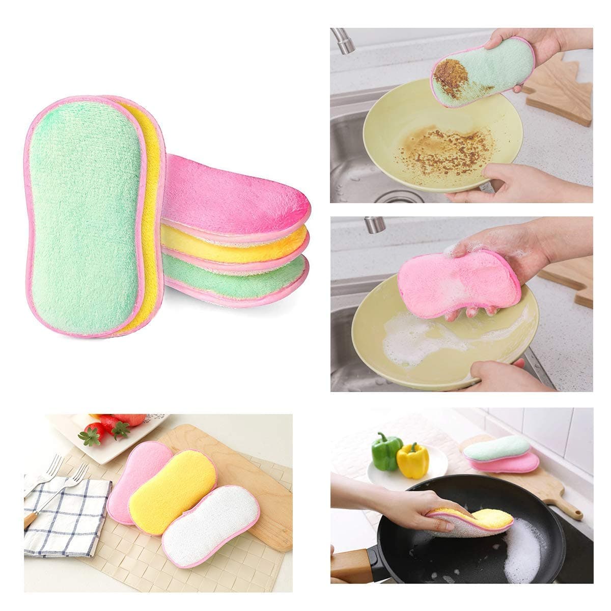 SlyScrub Kitchen Scouring Pads, 3pcs Double Sided Sponges Scrubbing Scourer Antibacterial Microfiber Cleaning Wiping Rags Great for Pans Pots Bowl Cookware