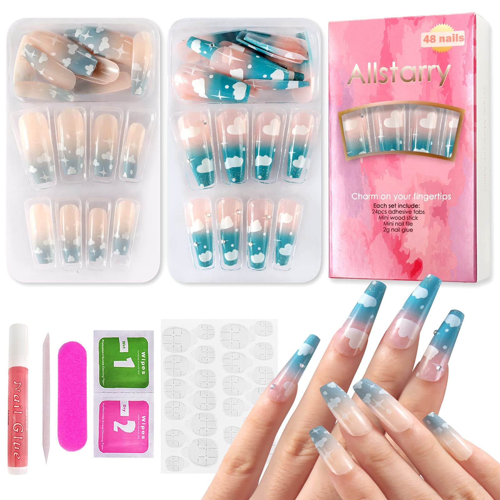 Allstarry48pcs Glossy False Nails Long Ballerina Acrylic Coffin Press on Nails Artificial Full Cover Gradient Color Nail Art Tips with Nail Glue for Nail Salon Woman and Girls (Clouds and Stars)