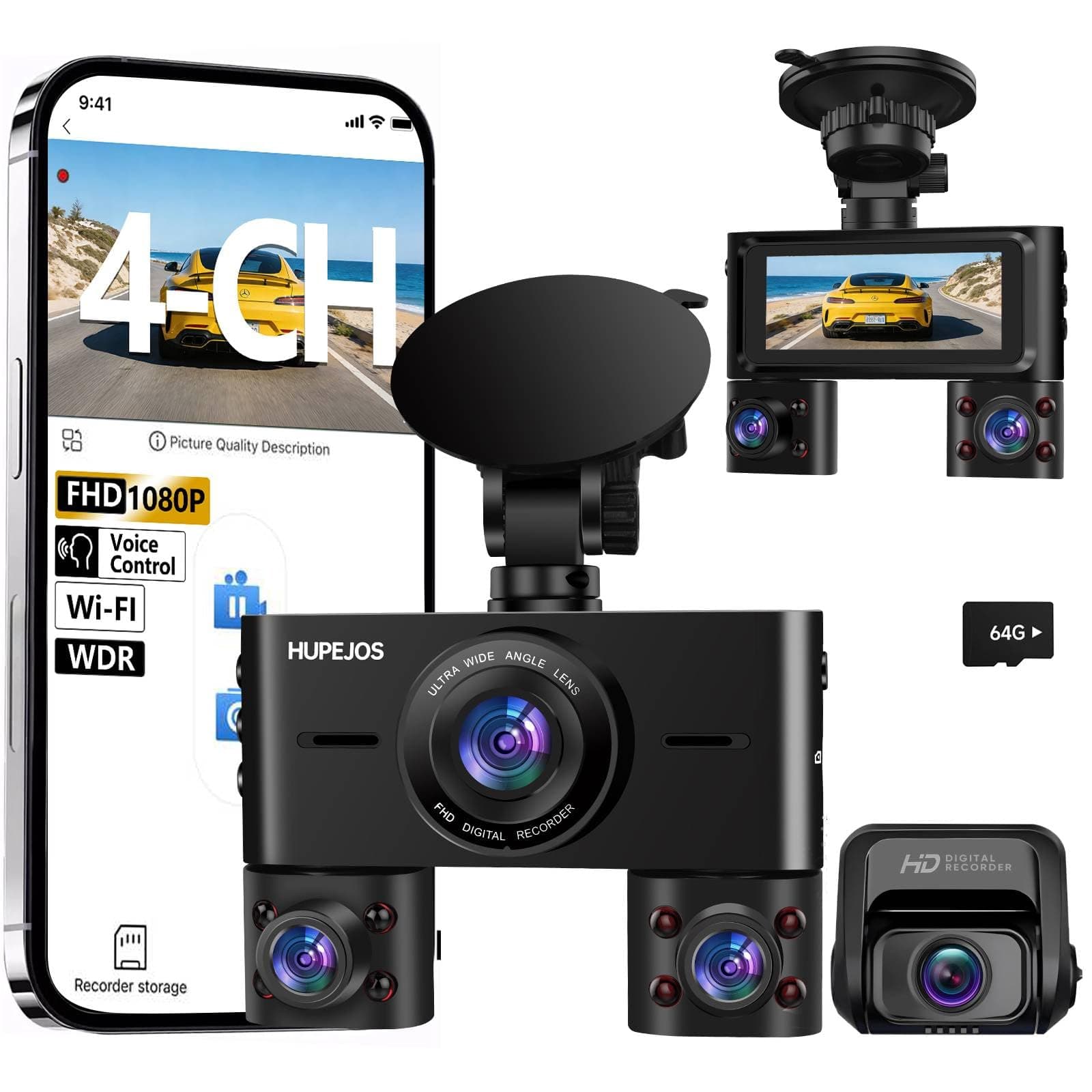 2K 4 Channel Dash Cam Front and Rear Inside, 360° View Car Camera, Dash Camera for Cars Built-in Wi-Fi, Dashcam with 64GB Card, Voice Control, WDR Night Vision, 24H Parking Mode, Mini Size, V7