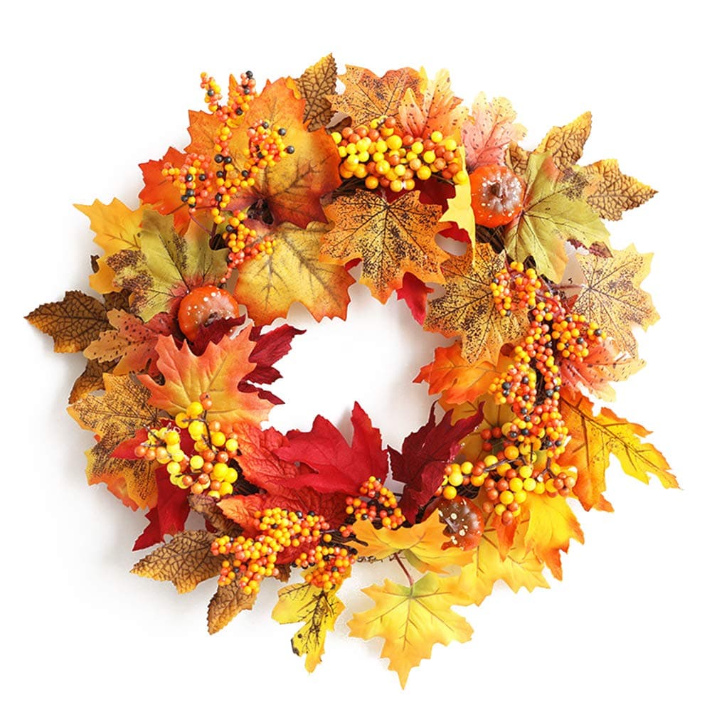 Inlaf Halloween Door Wreath Decorations,45cm Fall Door Wreath Autumn Maple Leaf Pumpkin Pinecone Harvest Wreath for Front Door Thanksgiving Halloween Decorations Home Decor