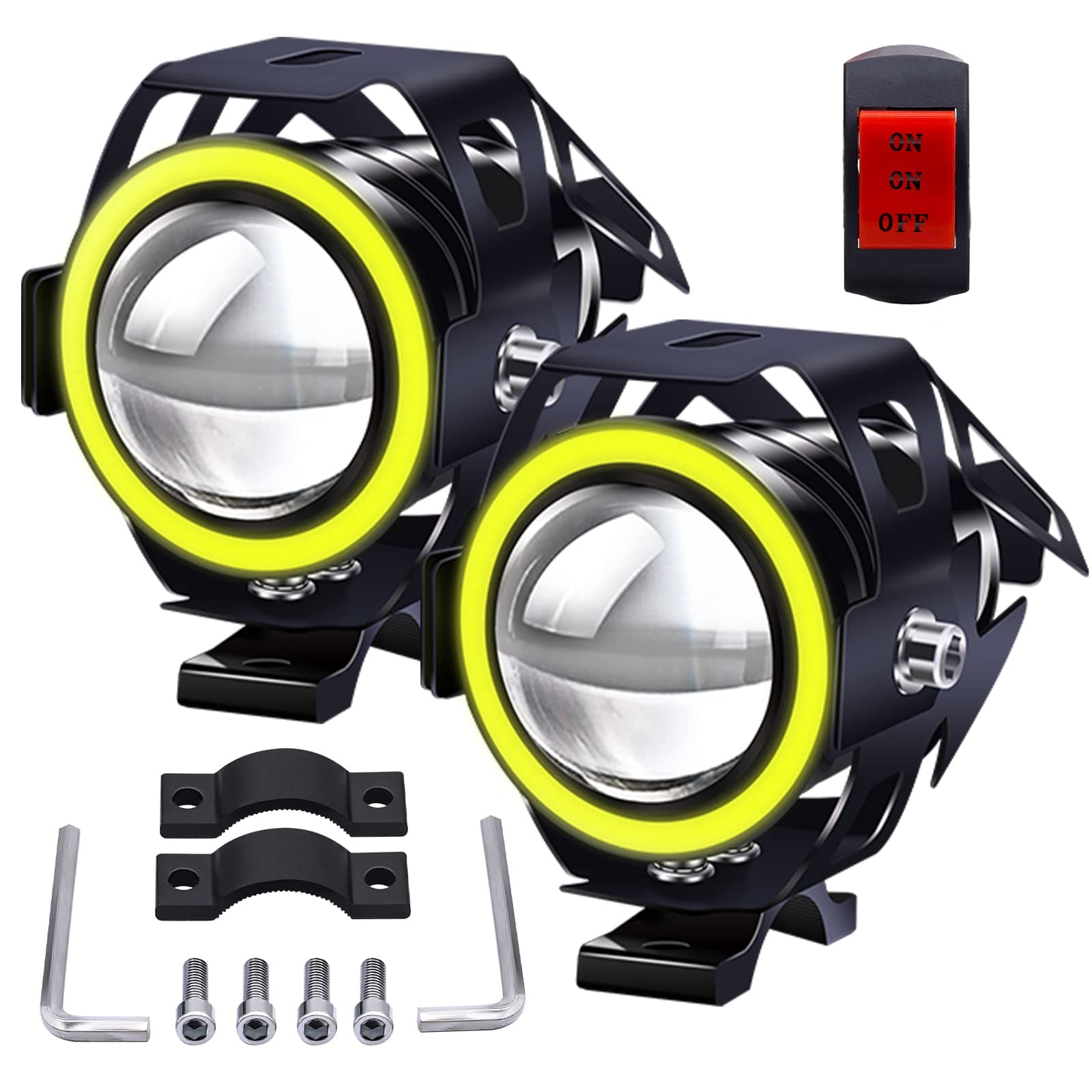 2PCS U7 Motorcycle LED Spot Lights Amber,12V 24V Motorbike Headlight Waterproof Front Motorbike Additional Lights Fog Light for Quad Scooter Car Truck Boat Bike With ON/ON/OFF Switch 22mm