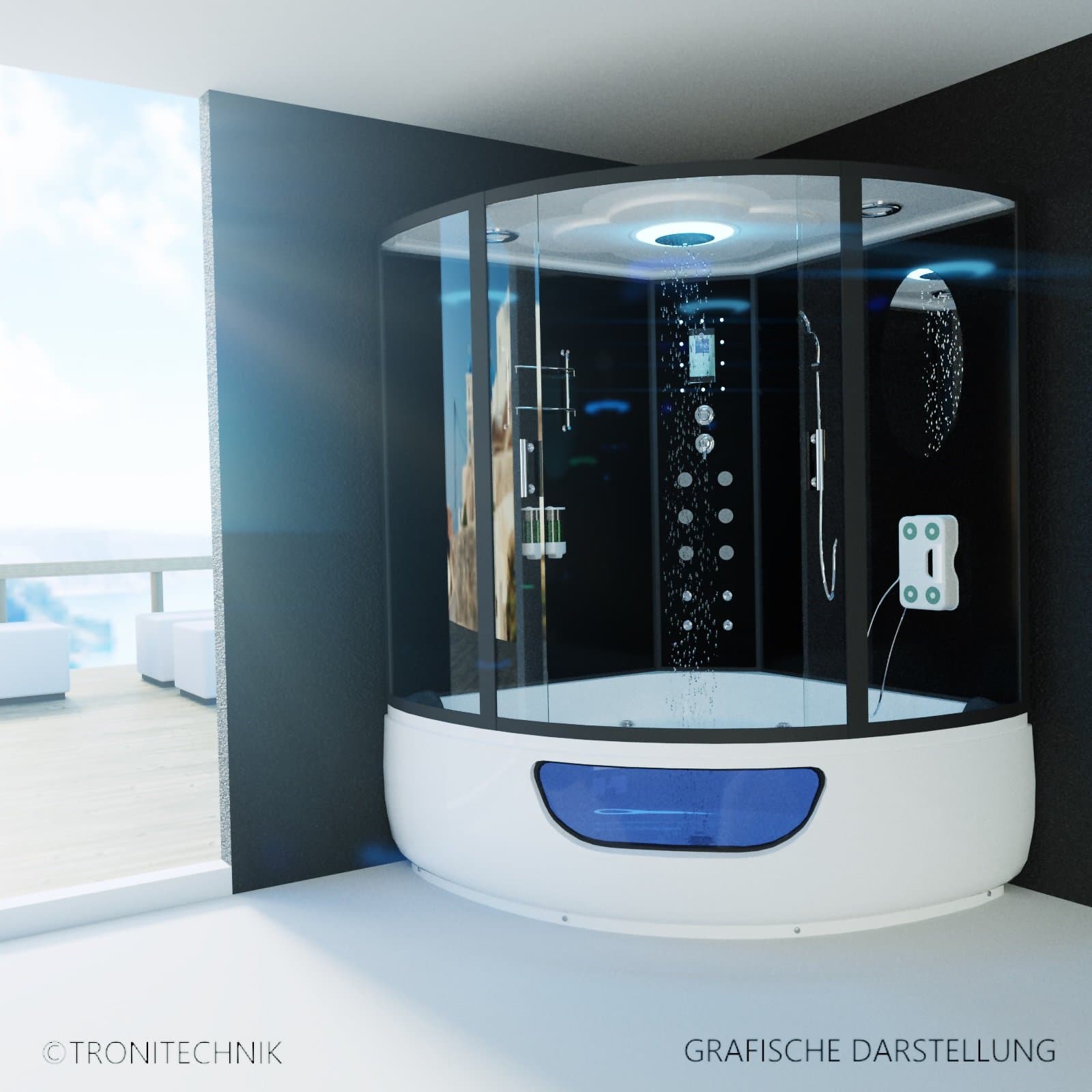 TroniTechnik Ready-Made Steam Shower Unit with Steam Sauna, Whirlpool, Bath Tub and Complete Shower, 135 x 135 cm [with European Plug Head]