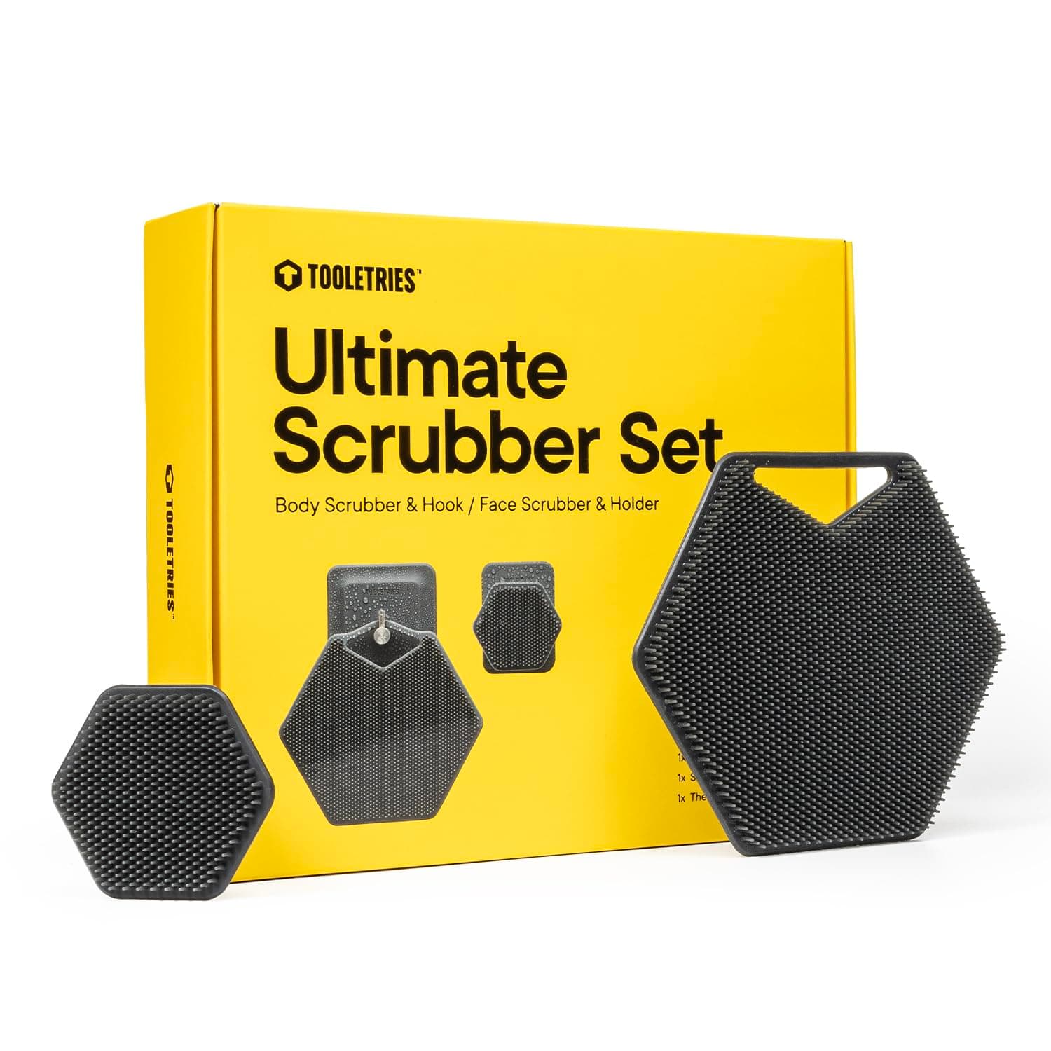 The Ultimate Scrubber Set - with 2X Scrubbers & Holders - Silicone Toiletry Organizer, Shower & Bathroom Accessory - Features Silicone-Grip Technology, Removable & Reusable - Charcoal
