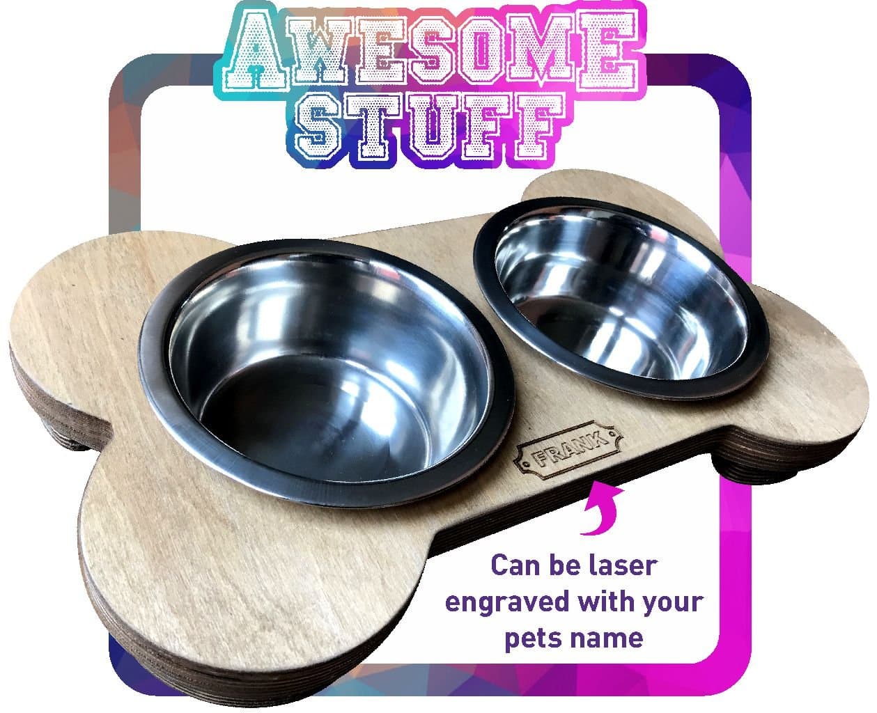 The Boner ADD YOUR DOGS NAME FREE OF CHARGE!! Bone shaped Dog Bowl holder complete with 2 x 6.5'' stainless steel bowls