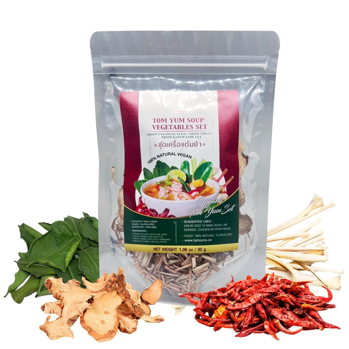 Lamoone Thai Tom Yum & Tom Kha Soup Spice Mix, Authentic Thai Herbs & Chili, Lemongrass Galangal Lime Leaves, 30g (1.06 oz), Makes 2–4 Servings